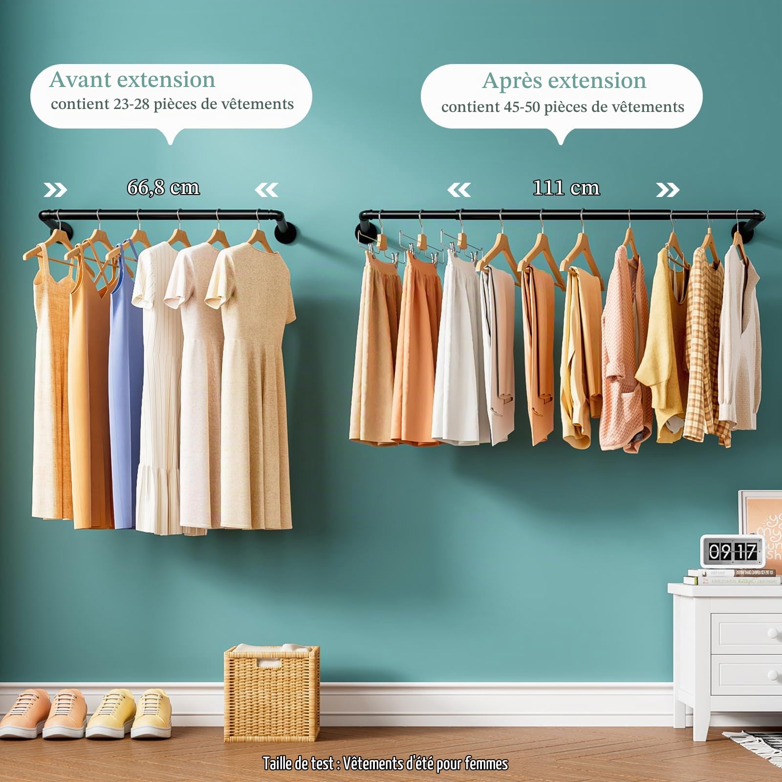 Tringle Vêtement Murale Lot de 2 Extensible Porte Vêtements Mural Industriel 111.5cm Portemanteaux Muraux Multifonction Barre Dressing pour Salon Chambre Gain de Place en Métal