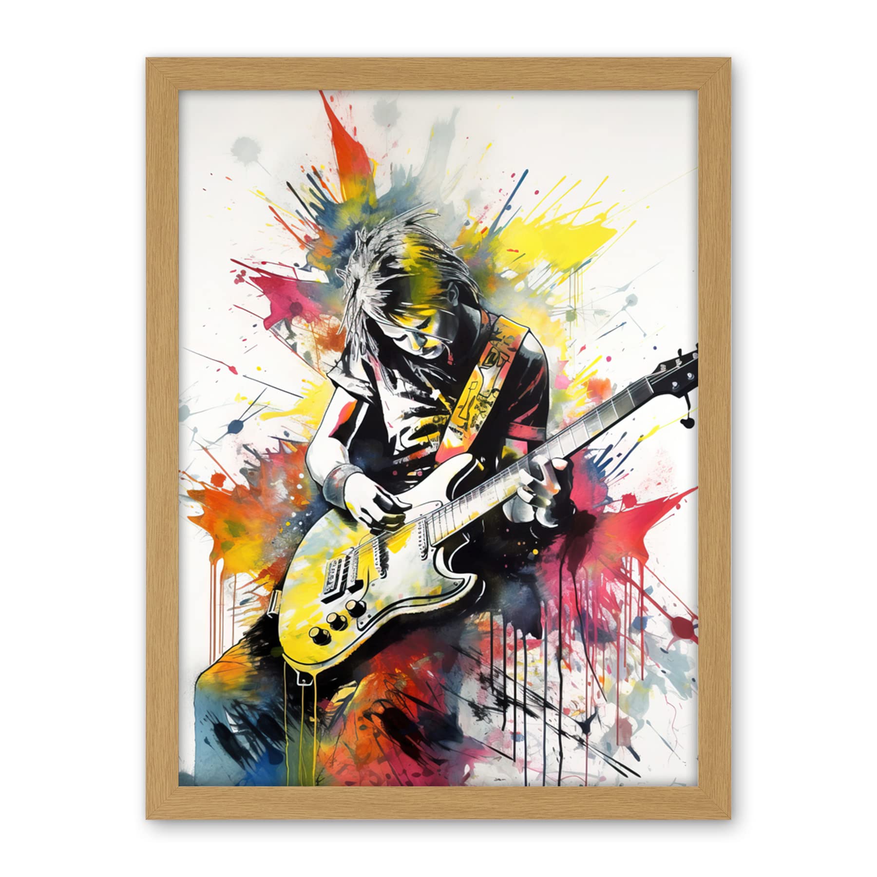 Artery8 Guitarist Playing Electric Guitar Music Solo Vibrant Modern Splat Paint Watercolour Illustration Artwork Framed Wall Art Print 18X24 Inch