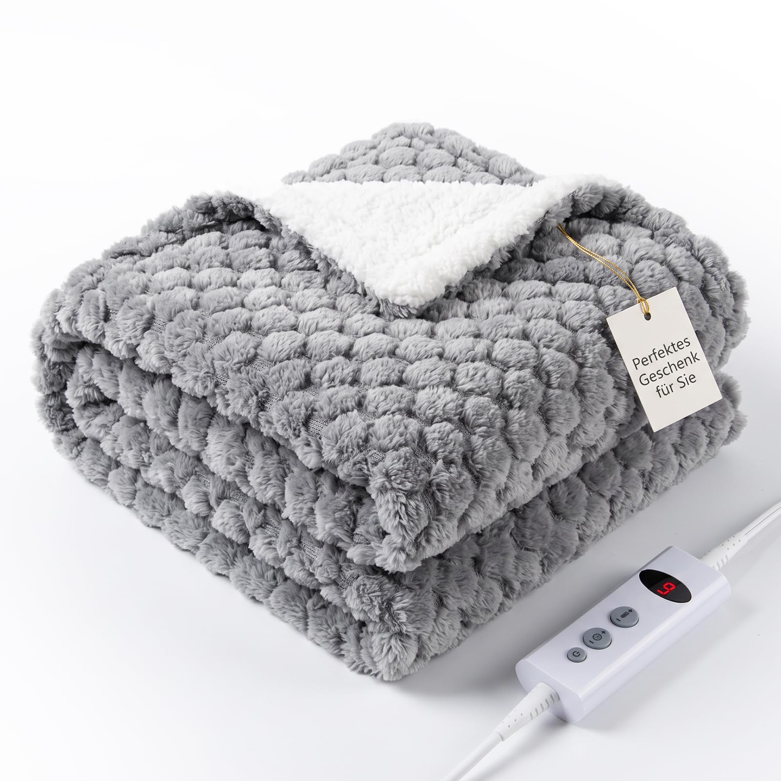 Manta electrica portatil 130x160cm gris, suave y plegable