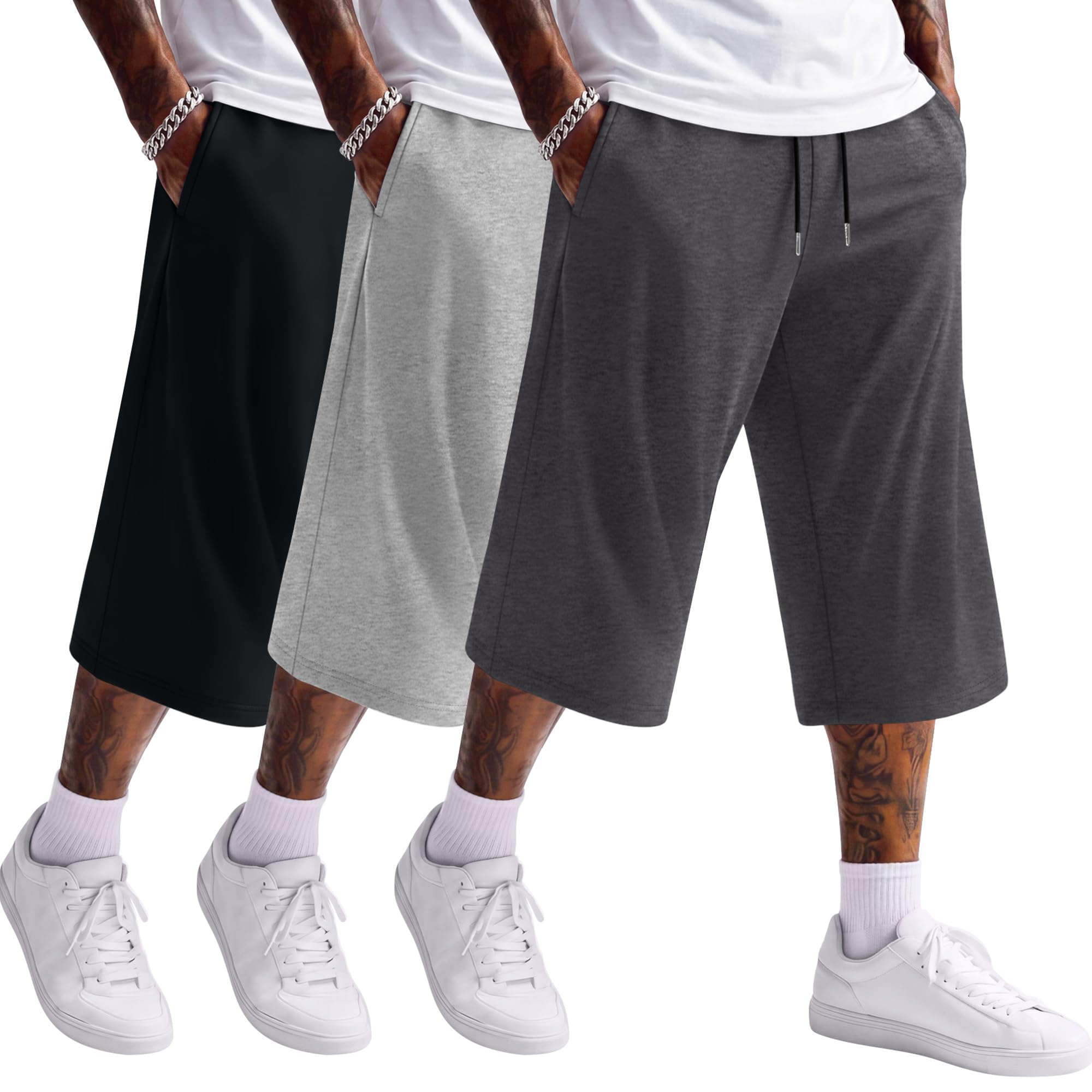 Neer Paquete de 3 pantalones capri holgados para hombre, talla grande, por debajo de la rodilla, casuales, 3/4, pantalones cortos grandes y altos, pantalones de verano con cordón y bolsillos