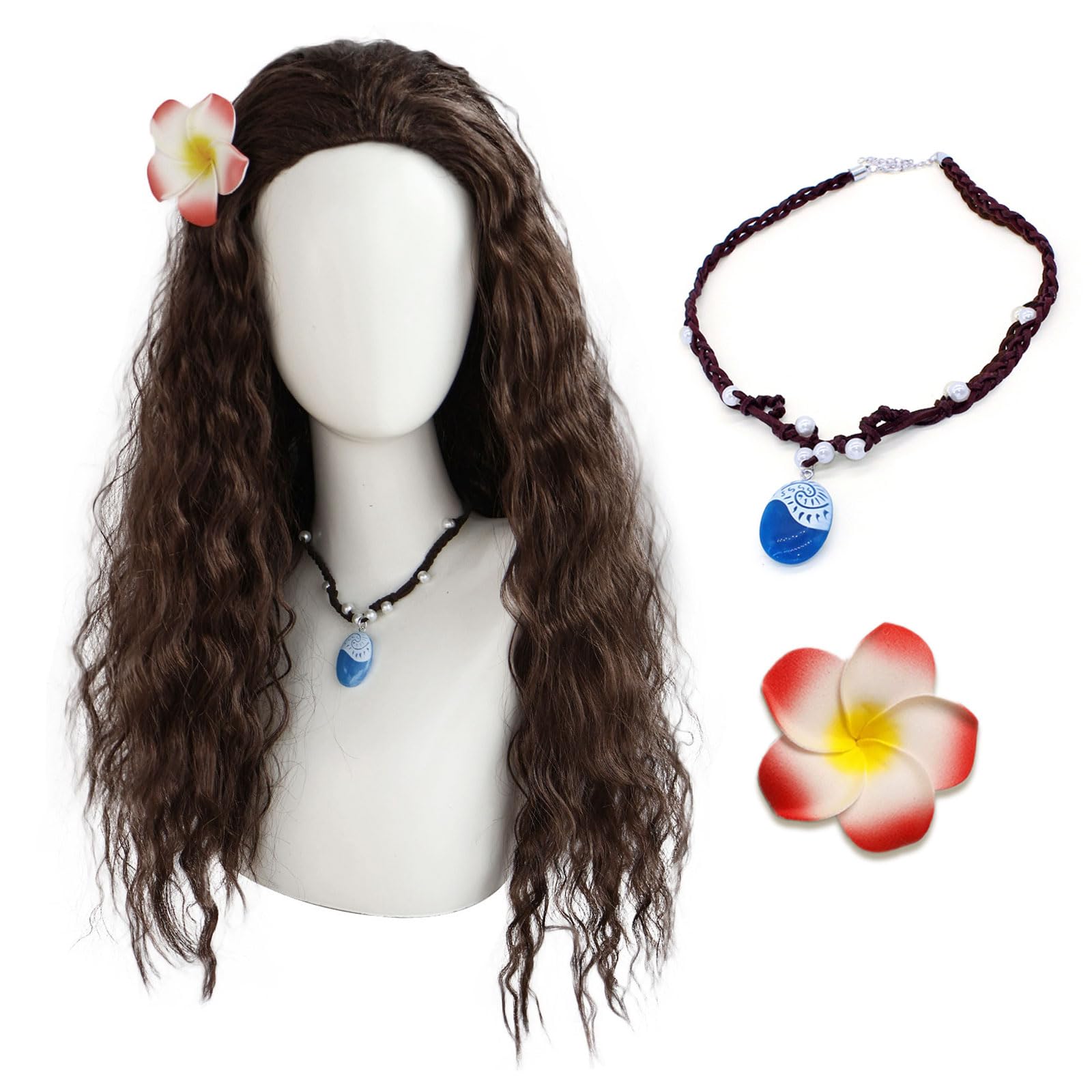 FOUNSHO Princess Wigs with Flower Clip and Necklace for Women Brown Long Curly Hair Wig Pretend Fancy Dress Up Halloween Costume for Cosplay Party (Brown)
