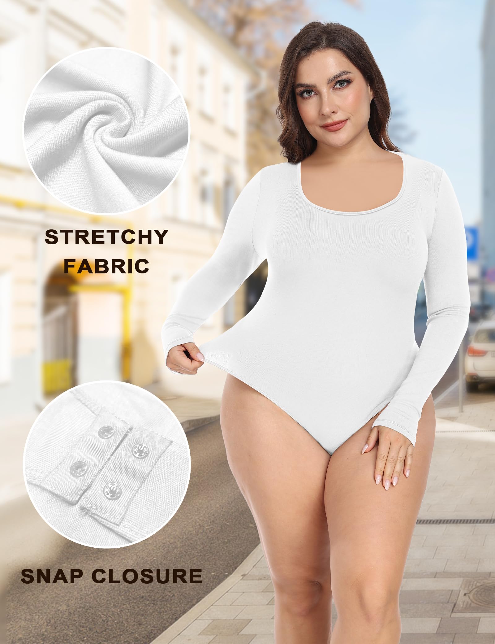 FOREYOND Bodys in Übergröße für Damen, langärmelig, U-Ausschnitt, lässig, schmale Passform, Basic-Trikot
