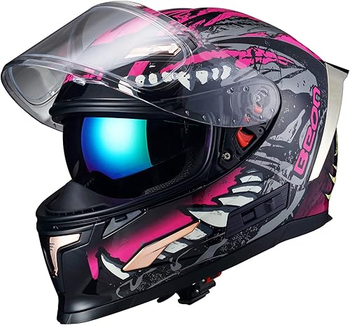 BEON - Casco de motocicleta de cara completa, casco de bicicleta de calle con viseras transparentes y tintadas y múltiples rejillas de ventilación,