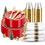 WDF Partyware 175 Pieces Red Plastic Plates with Gold Rim Include Dinner Plate 10, Dessert Plate 7, gold Cups 9 OZ, Pre Rolled Napkins 25 of each type for Christmas Party