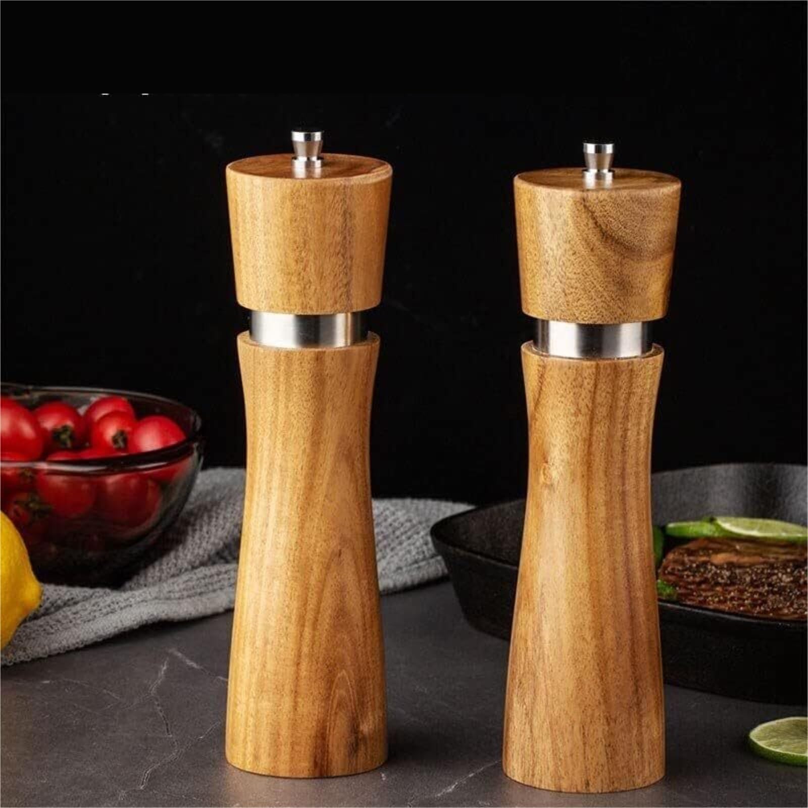 Młynek Do Przypraw Pieprzu Drewniany Młynek Do Pieprzu Lub Soli Z Drewna Akacjowego O Wysokości 8 Cali Regulowanym Ceramicznym Wirnikiem Do Różnych Przypraw(2pcs)