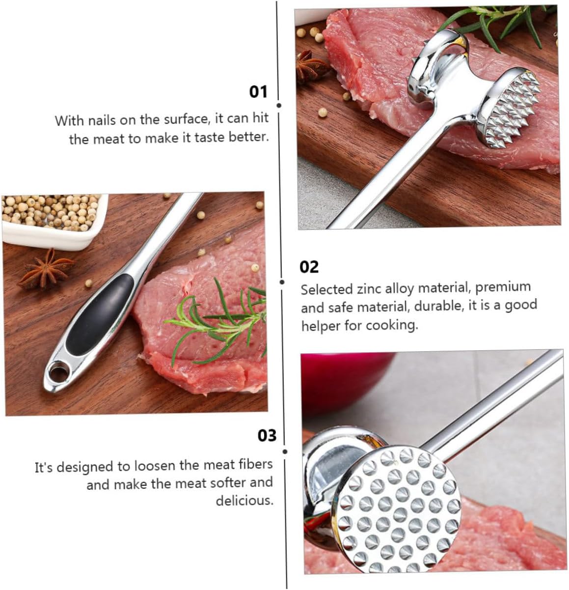 Zinc Alloy Double-sided Meat Tenderizer Hammer for Household Kitchen Pork Knocking Mallet for Steak Beef Poultry Softening and Loosening Meat Fibers Cooking Tool