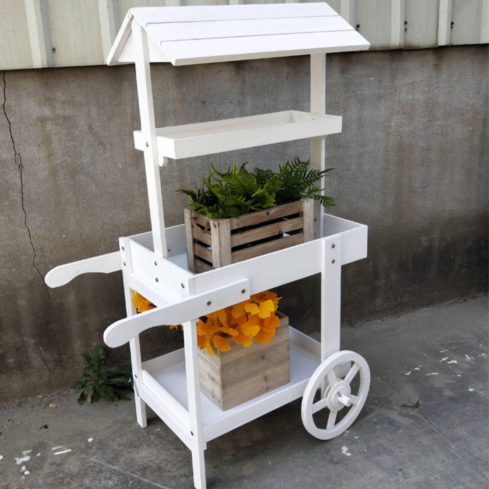 Carrello Espositivo Vintage Carrello Fioriera Scaffale Porta Piante Carrello Pieghevole Carrello in Legno Robusto Texture Rustica per Oggetti Adatto, Bianco