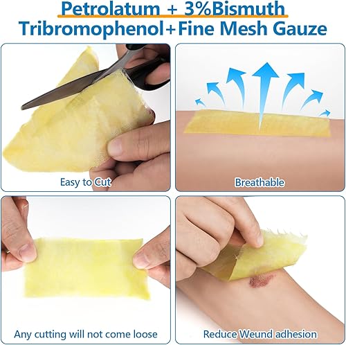 Miniatura 6 de Paquete de 40 parches médicos Xeroform de vaselina para vendaje, almohadillas de gasa no adherentes de 4 x 4 pulgadas, parche de gasa de malla fina