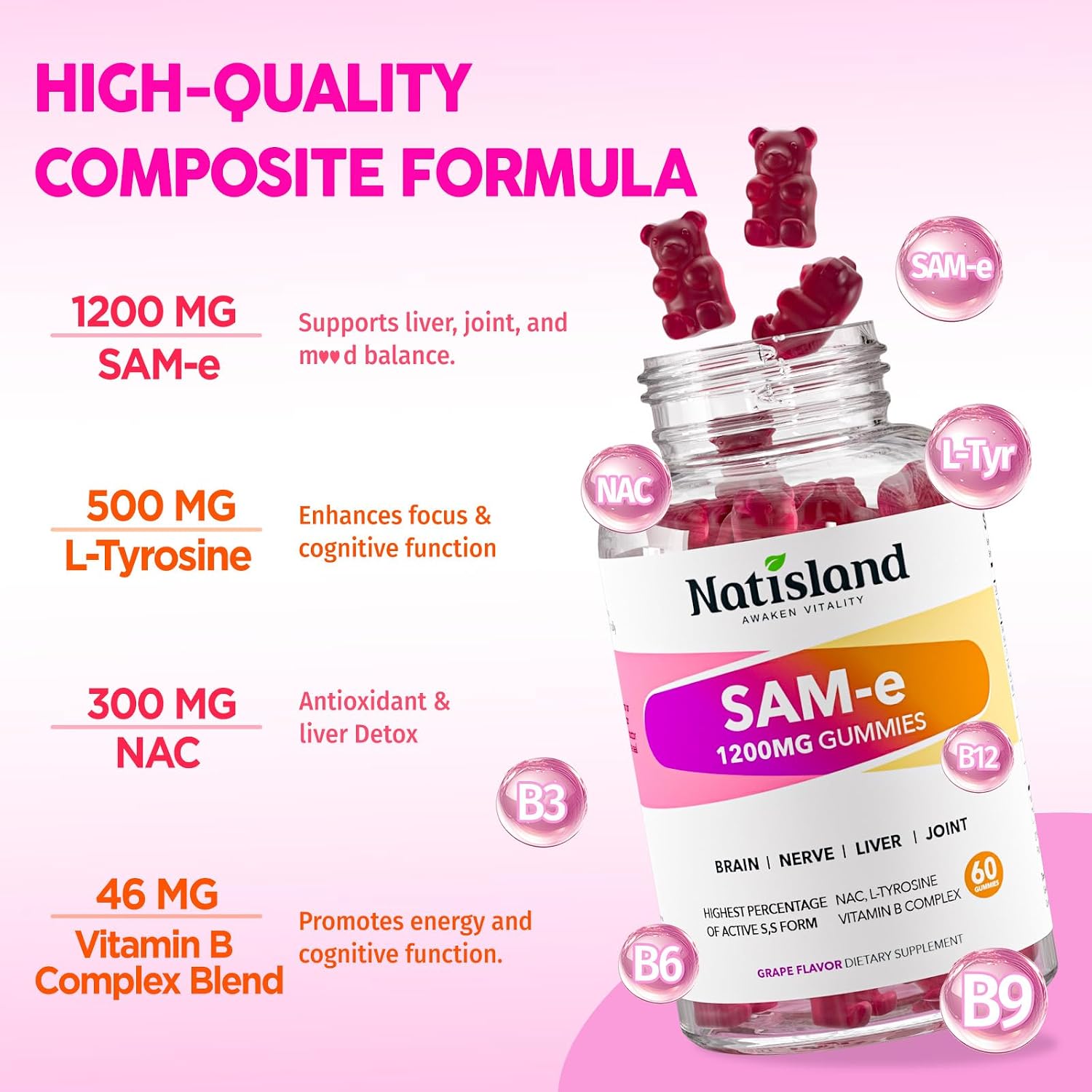 SAM-e with L-Tyrosine Gummies, Methylated Vitamin B-Complex & NAC, 1200mg SAM e Supplement, Methyl Folate and B12, for Stress Relief & Brain Support, Liver & Joint Health, Gluten-Free, Vegan, 60 Ct