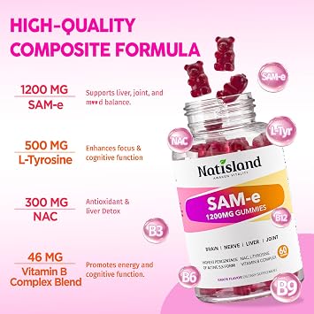 SAM-e with L-Tyrosine Gummies, Methylated Vitamin B-Complex & NAC, 1200mg SAM e Supplement, Methyl Folate and B12, for Stress Relief & Brain Support, Liver & Joint Health, Gluten-Free, Vegan, 60 Ct