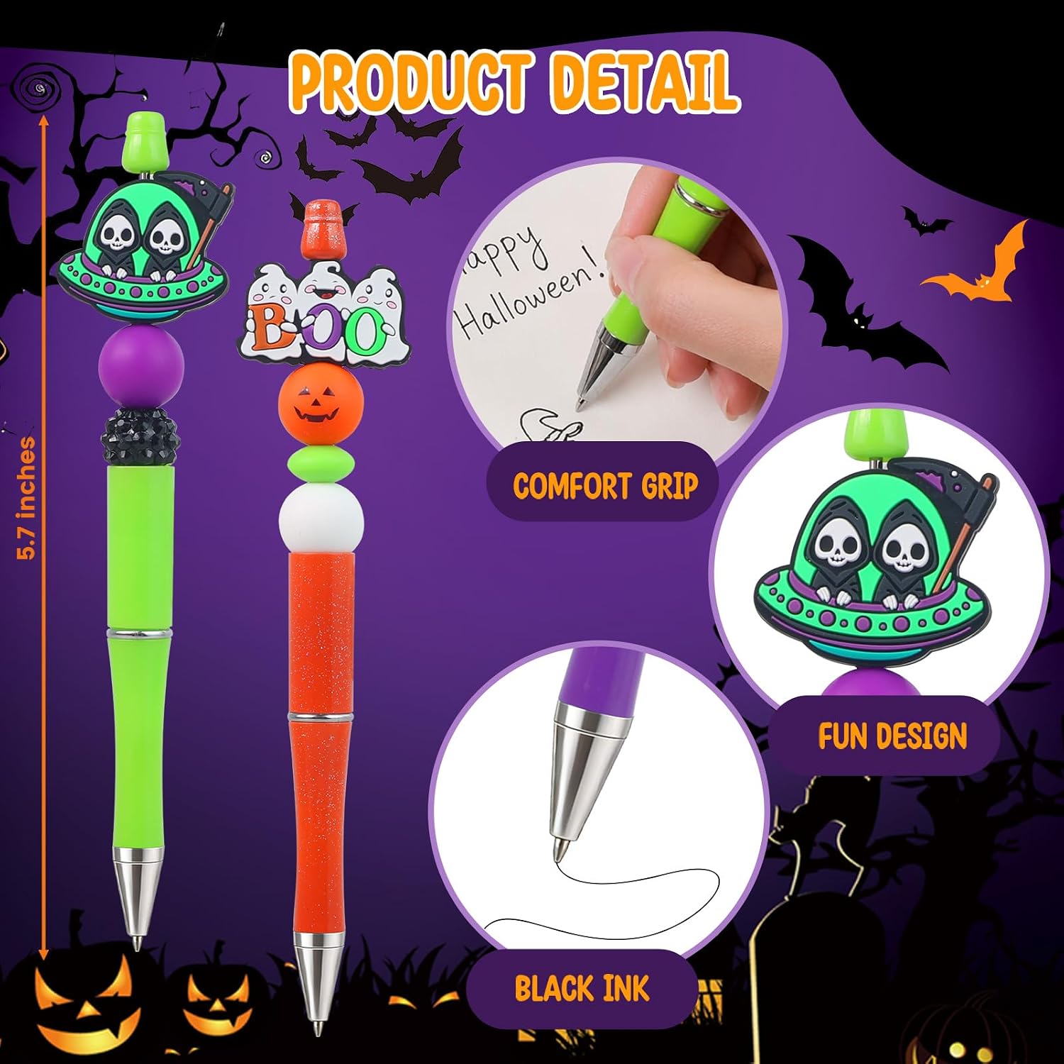 Halloween Pens, 6 Pcs Beadable Pens for Halloween Gifts Supplies Spooky Pumpkin Ghost Fun Cute Ballpoint Pens image 2