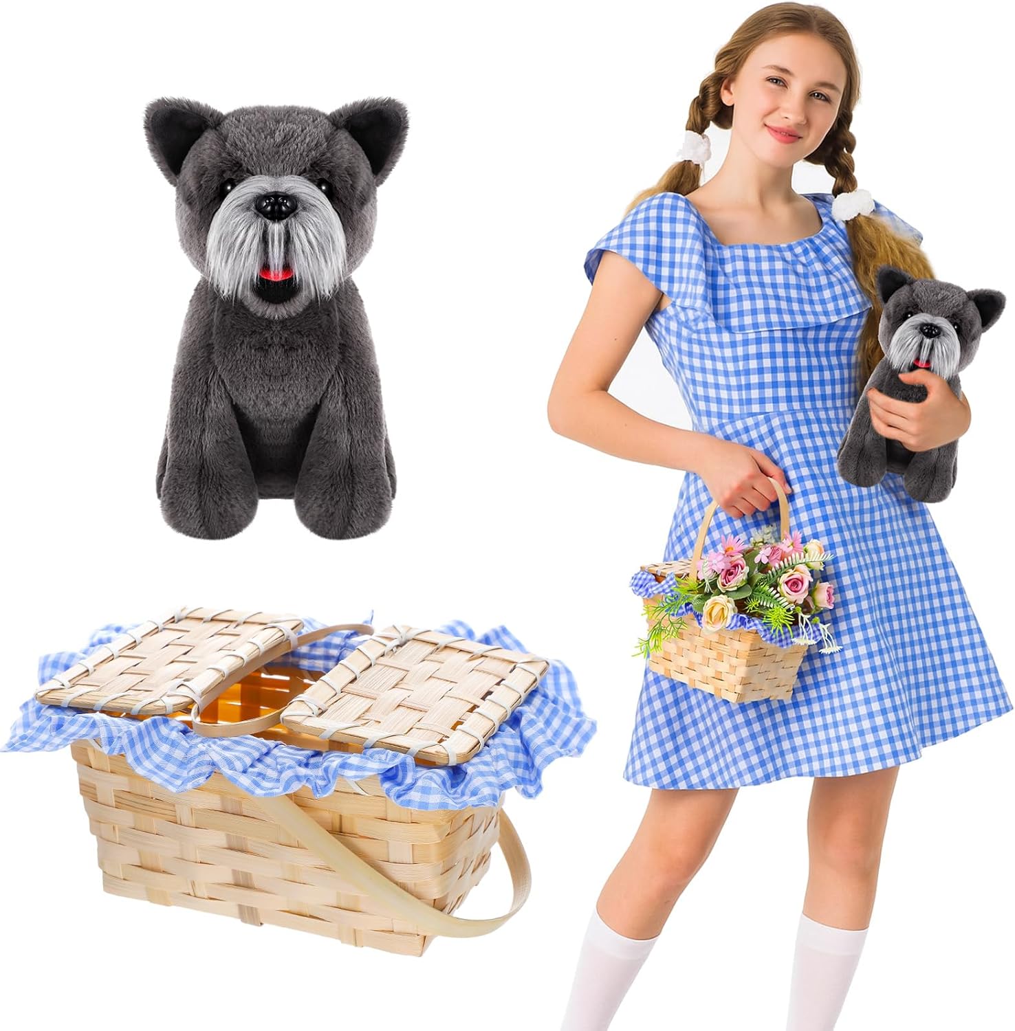 Halloween Costumes Terrier Stuffed Animal Picnic Basket with Handles, with Blue and White Plaid for Gifts Halloween Cosplay(Cute Style)