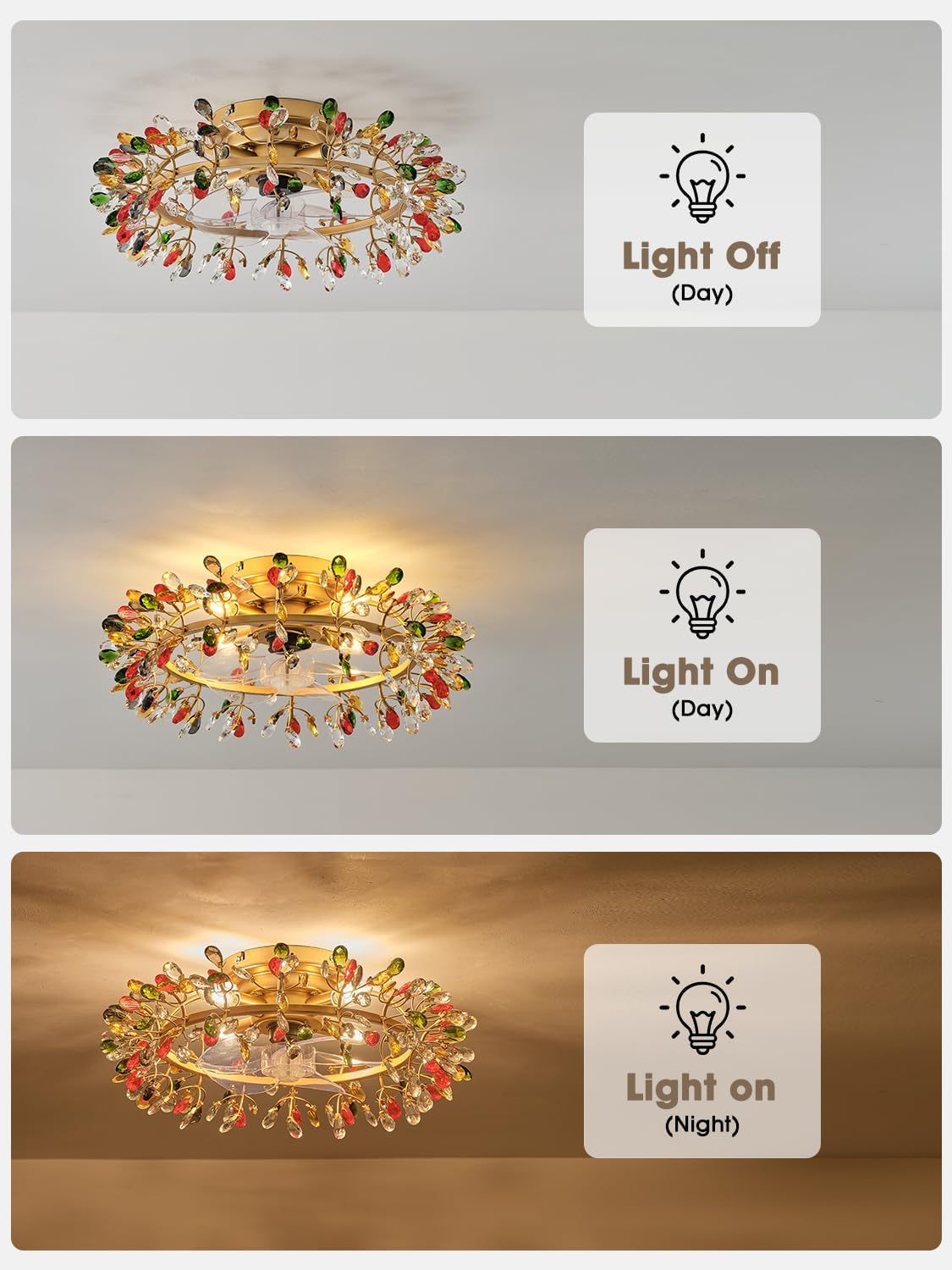 Parrot Uncle 23 Inch Crystal Fandelier Ceiling Fan with Light,Modern Chandelier Ceiling Fan with Light and Remote Control,Reversible 5 Blades,Timer,Bladeless Ceiling Fan for Bedroom,Living Room