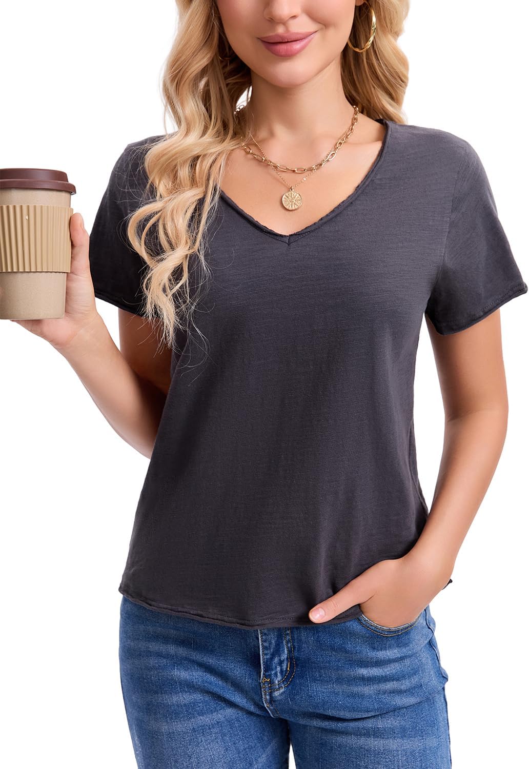 Inadays Womens Slub Cotton T Shirts Short Sleeve V-Neck Raw Hem Summer Tops Loose Fit Tee Basic Clothes Fashion Outfits