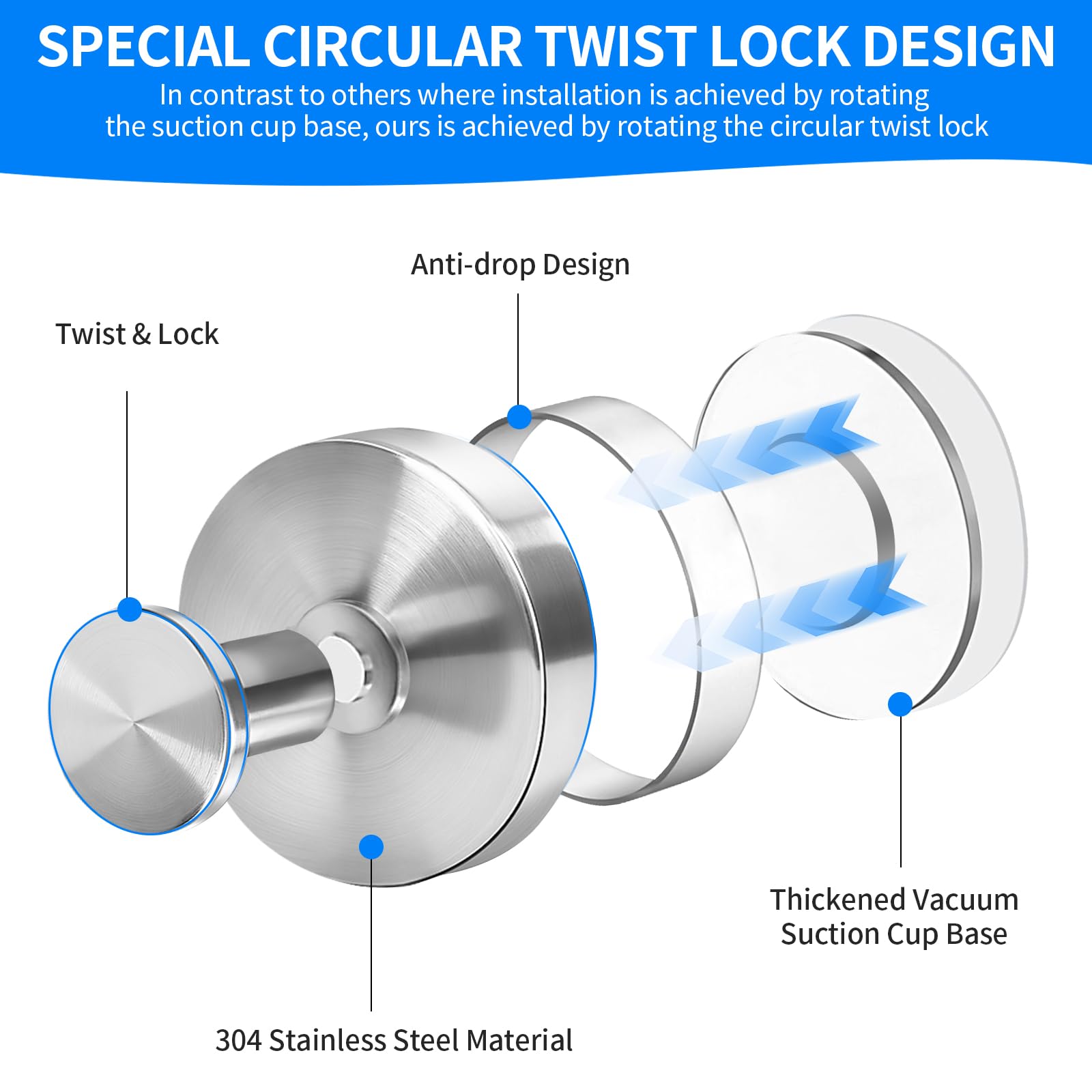 Suction Cup Hooks for Shower No Drill - Heavy Duty Stainless Steel Bathroom Hooks, Wall Mounted for Towels, Robes, Loofah - Works on Tile, Glass, Mirror, Kitchen (Silver, 2 Pack)