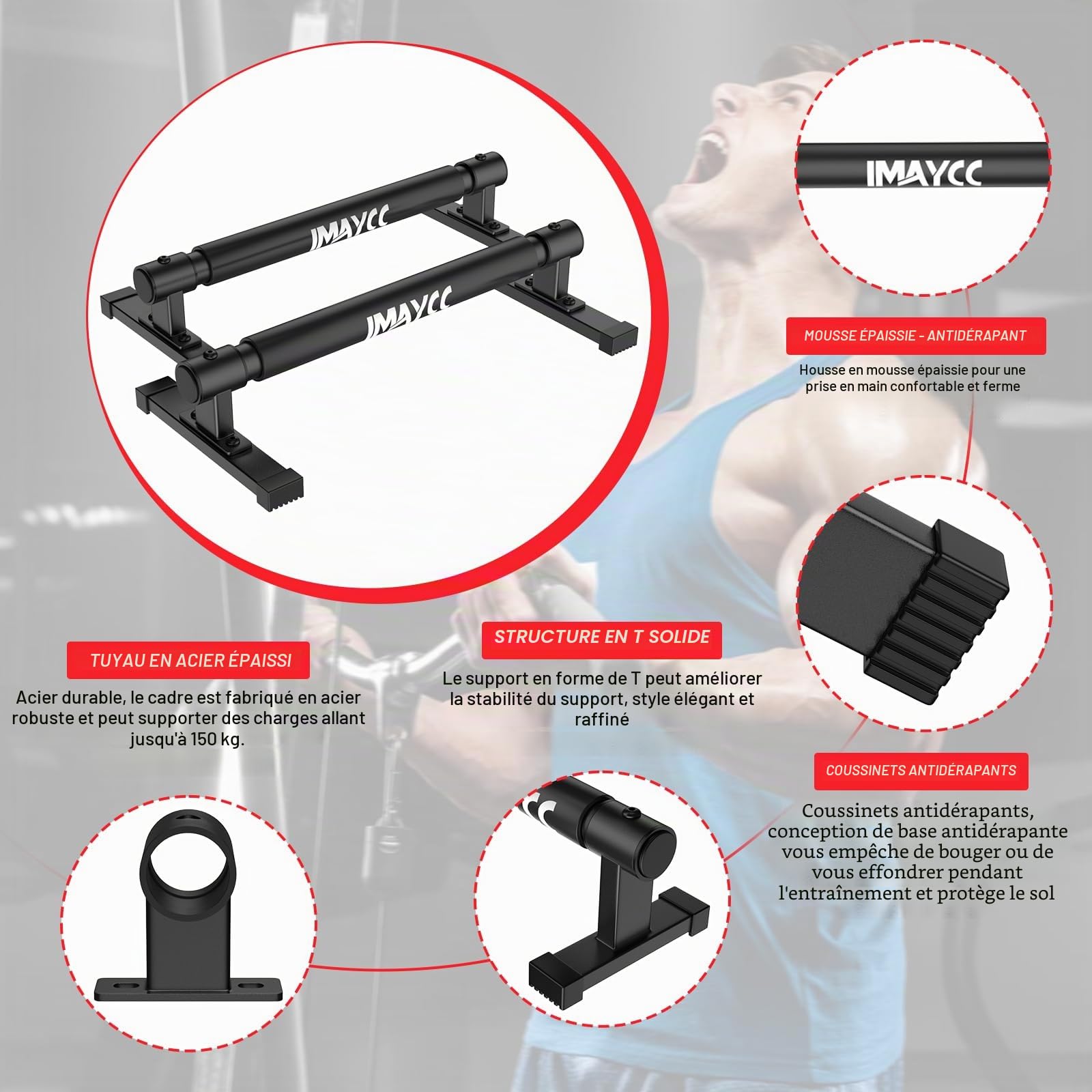 IMAYCC 50CM Poignées de Pompes avec Bandage pour Poignet,Push Up Bars Antidérapantes Barre Parallele Calisthenics Barre Parallele Musculation,Fitness Parallettes pour Calisthenics Intérieur Extérieur