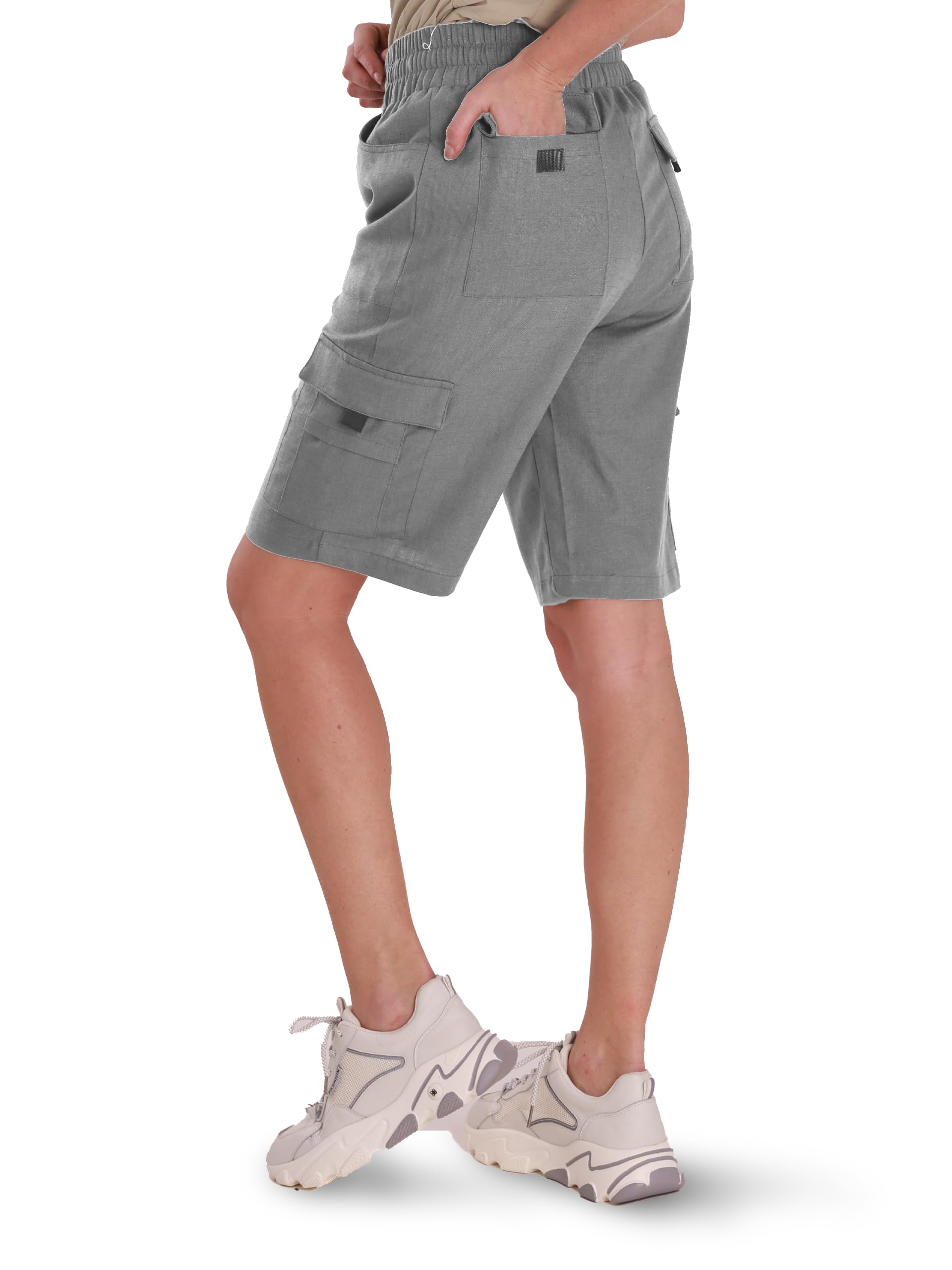 LIFOMO Women's Shorts 10'' Inseam Linen Hiking Cargo Shorts Summer Bermuda Drawstring Lightweight Casual Comfy with Pockets, Grey, S