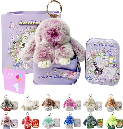 MINGRI Soft Bunny Keychain with Tin,Cute Graduation Plush Gift Teacher Appreciation Keychain for Backpack,Bag Charm Key Chain