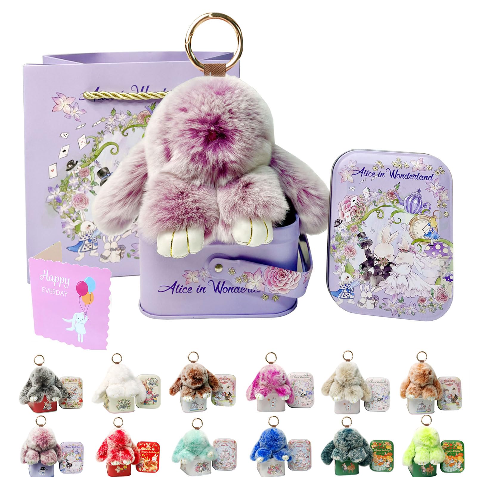 Soft Bunny Keychain with Tin,Cute Easter Gift Plush Keychain for Backpack,Bag Charm Gift Key Chain