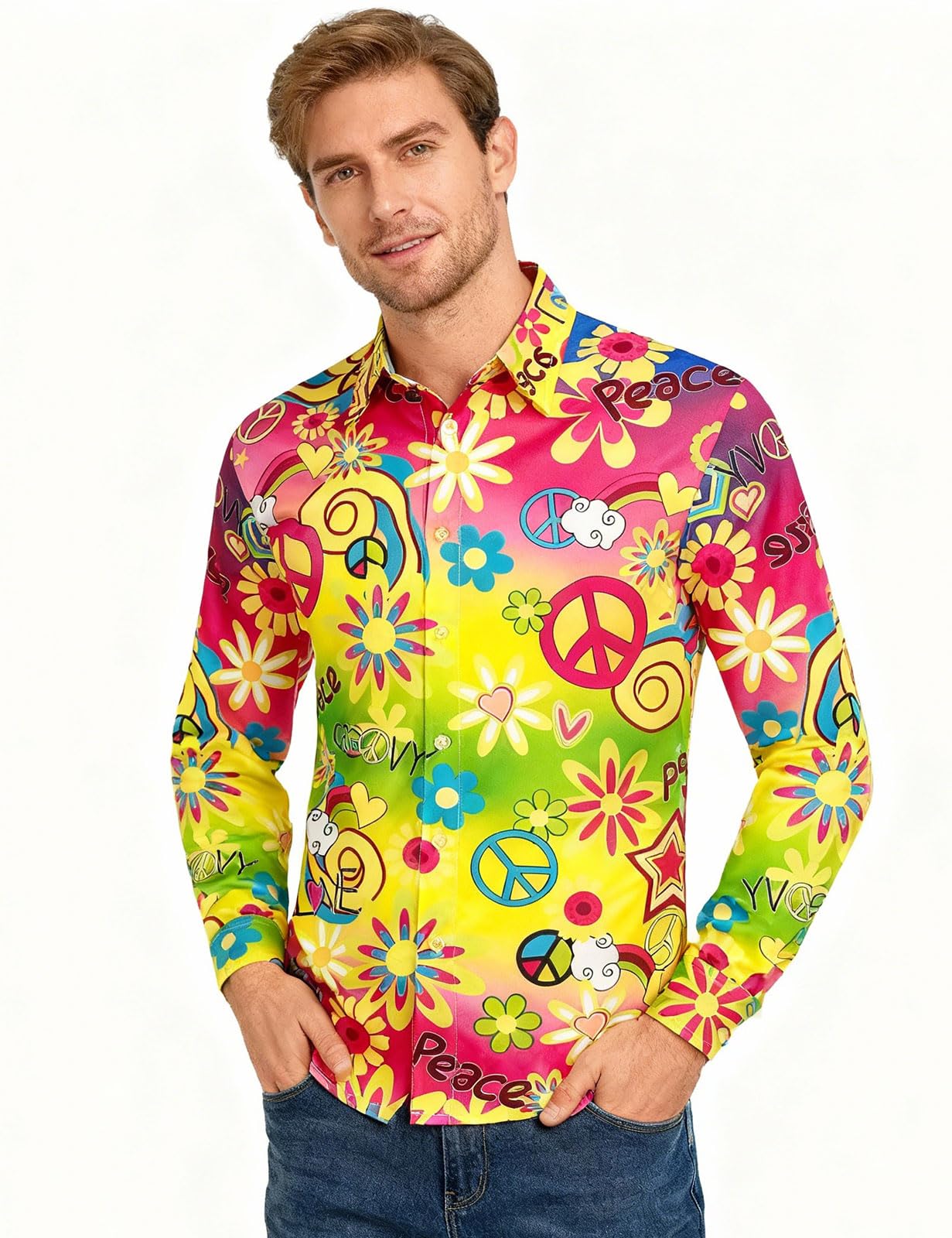 Camisa de años 70 60 Hippie para Hombre Manga Larga Flores Shirts