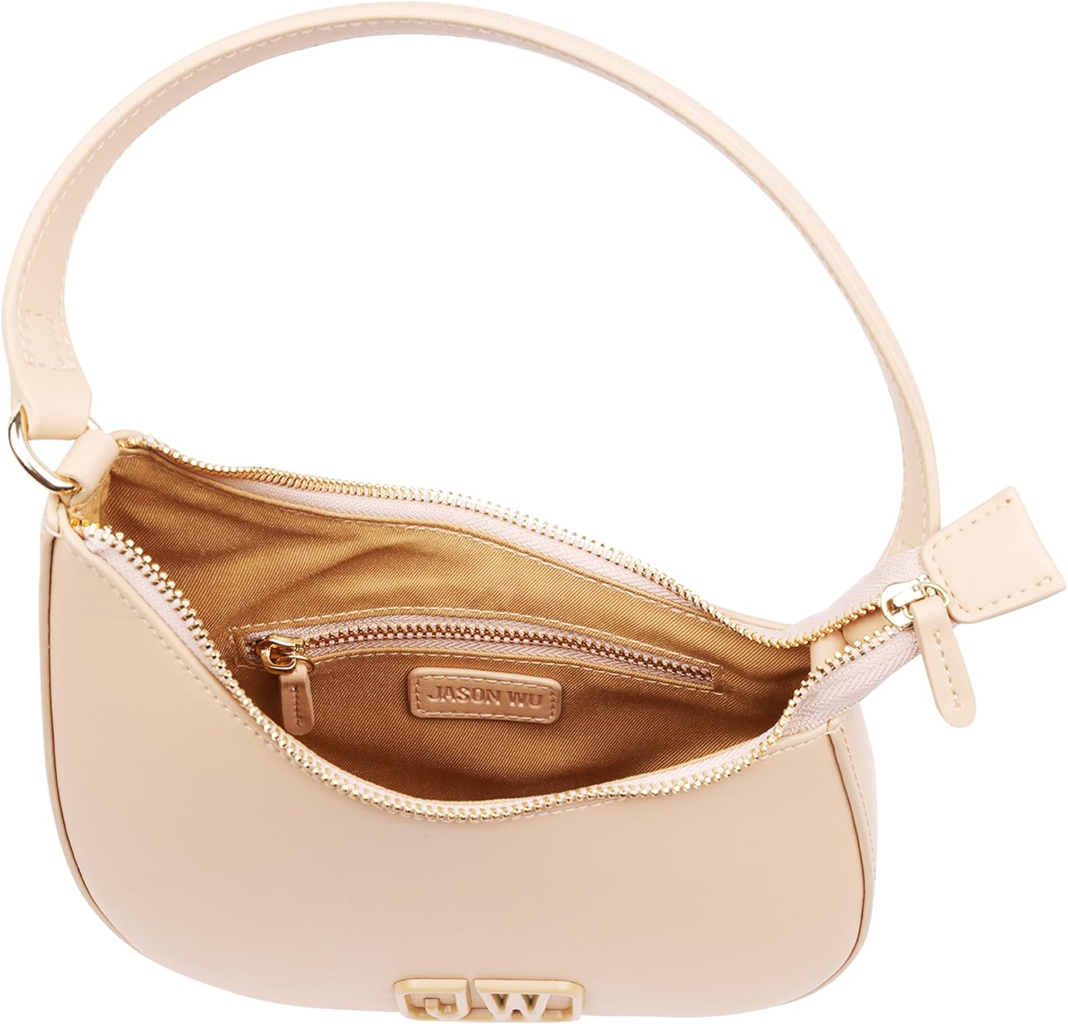 Jason Wu Smooth Shoulder Bag, Curved Crescent Handbag with Tonal 3D Logo and Zipper Closure, Tan