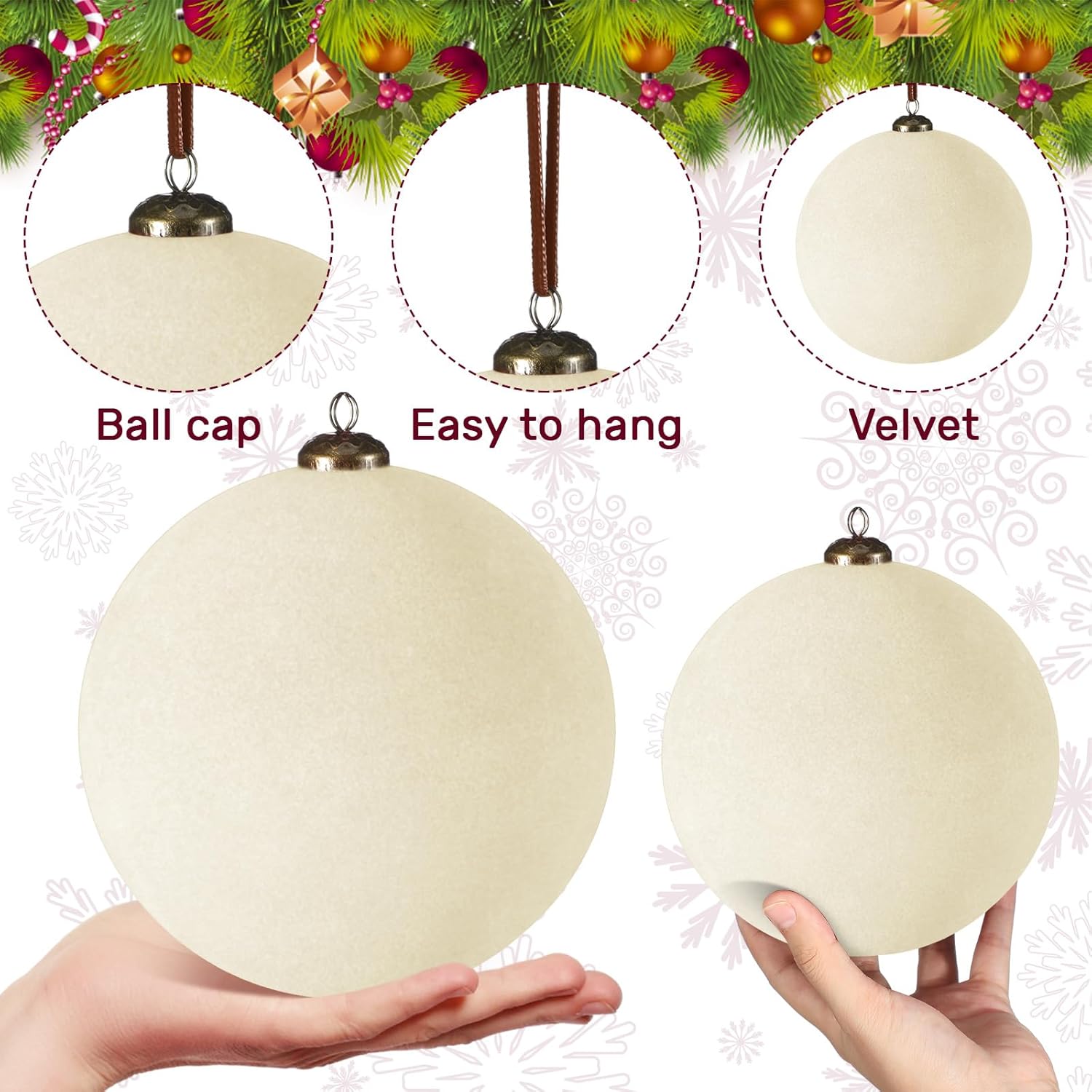 4 Pcs Large Velvet Christmas Balls 6 Inch Christmas Tree Decorations Xmas Ornaments Balls for Family Holiday Wedding Party Xmas Tree Hanging Decoration (Cream White)