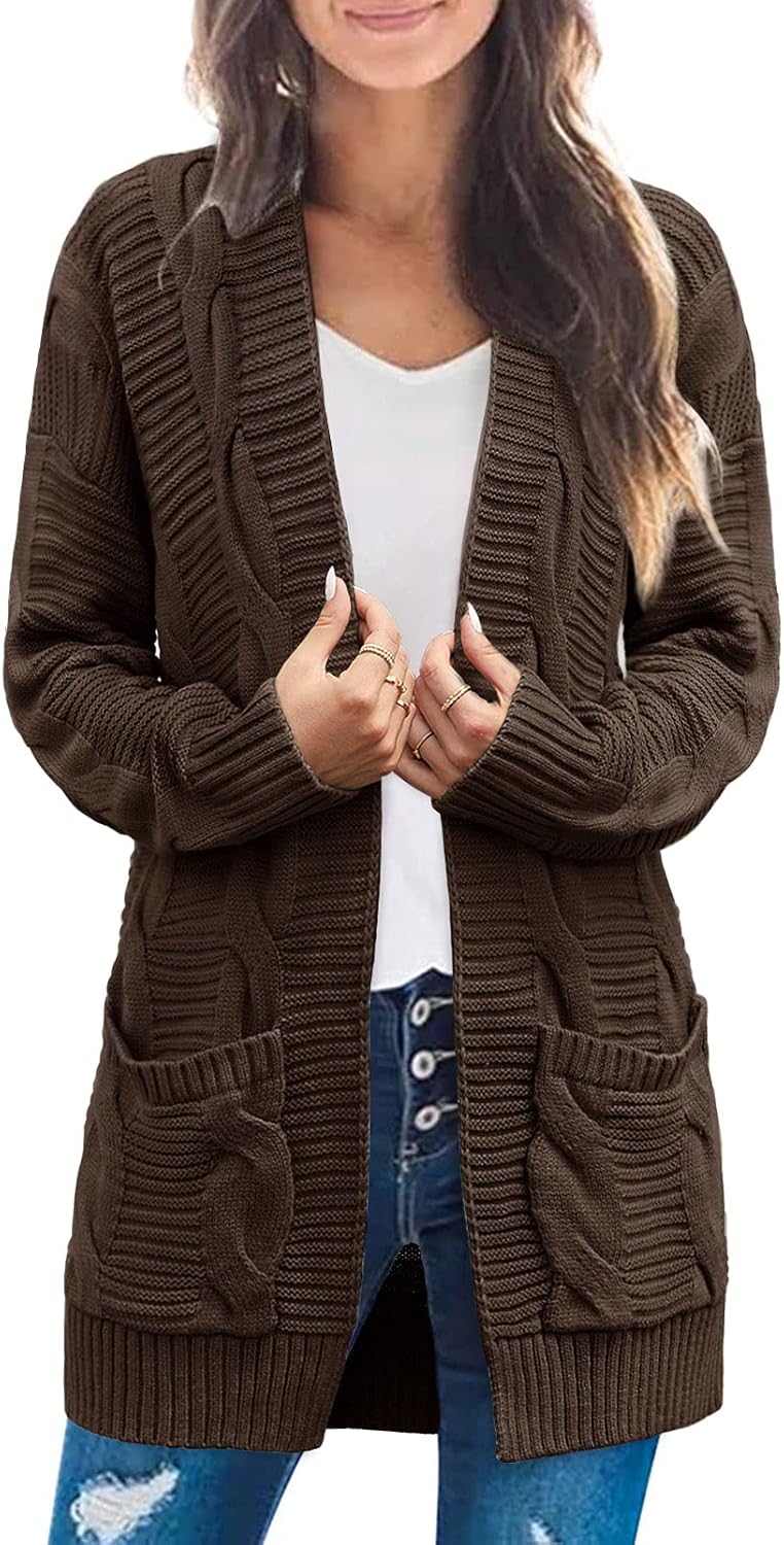 MEROKEETY Women's 2025 Long Sleeve Cable Knit Cardigan Sweaters Open Front Fall Outerwear Coat Pockets