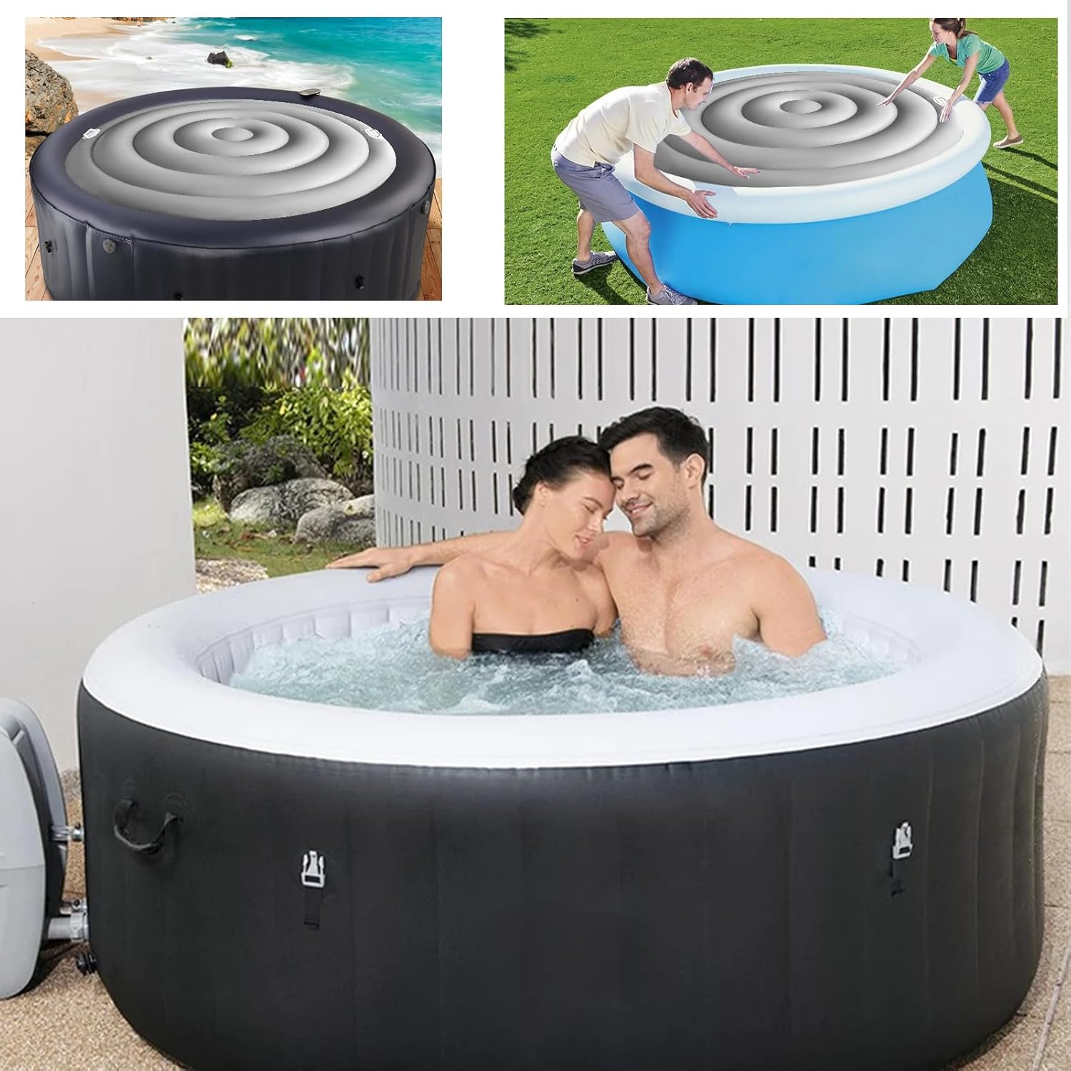 5.2 Ft Inflatable Hot Tub Cover, Round Hot Tub Cover, Foldable Hot Tub Lid with Handles on 2 Sides for 4-6 Person Hot Tub, Energy Saving and Rain Protection Overflow Cover for Outdoor Hot Tubs
