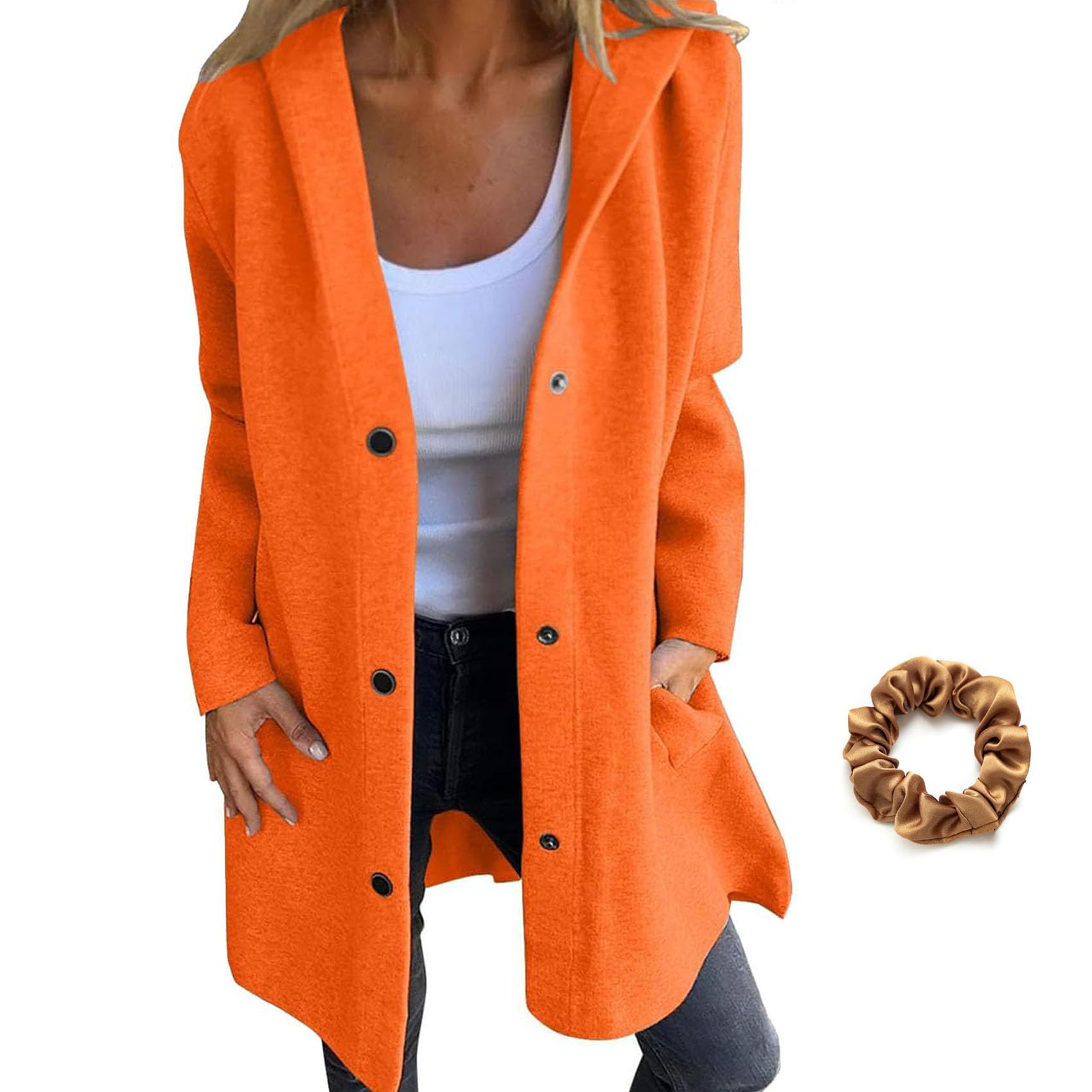 Genérico Casual Single Breasted Hooded Jacket for Autumn,Womens Casual Solid Color Coat Jackets Single-Breasted Mid Length