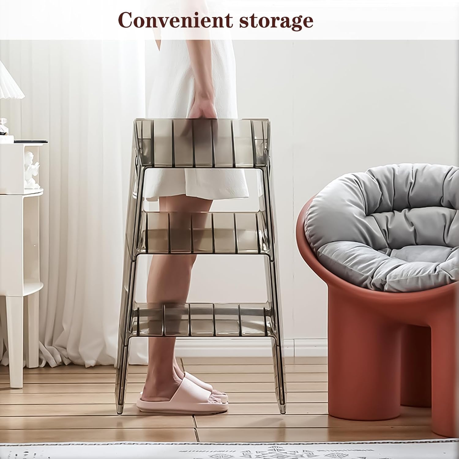 3-Step Clear Acrylic Step Stool for Adults, 330lb Heavy Duty Stepladder, 2-in-1 Portable Stool for Kitchen Bathroom, Lightweight with Non-Slip Rubber Feet Amber Translucent