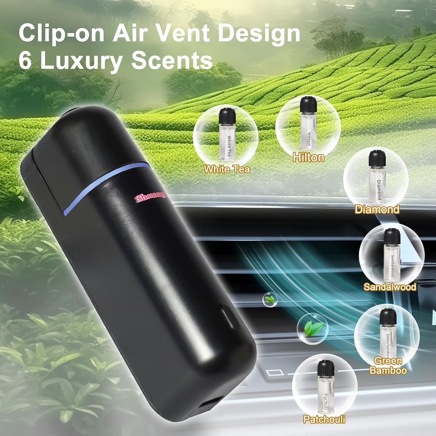Car Air Freshener Diffuser, Motion Sensor Waterless Essential Oil Diffuser for Car USB Rechargeable Air Freshener with 6 Refill Scents（Hilton/Sandwood/WhiteTea/Diamond/GreenBamboo/Pachuli - Image 6