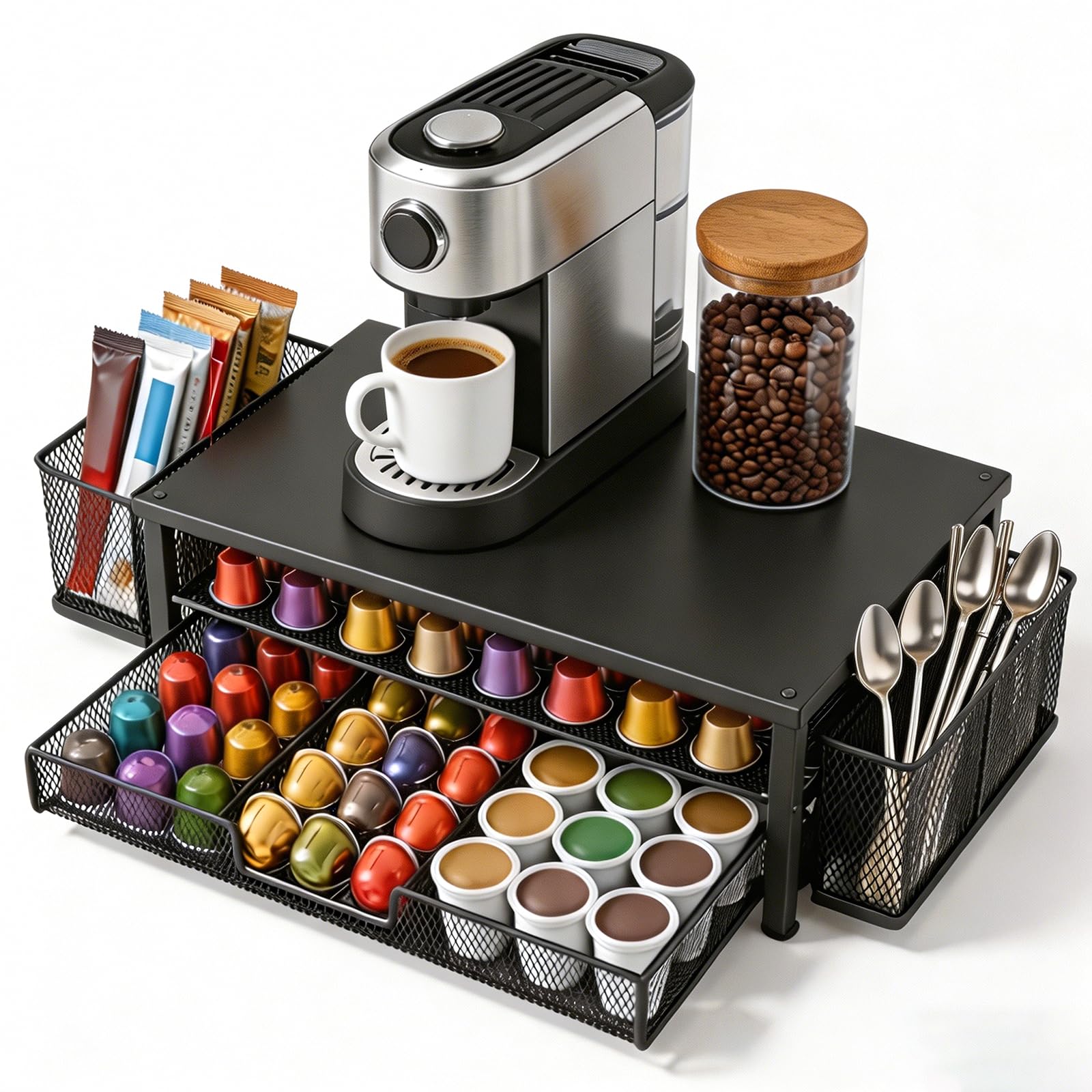 2 Tier Coffee Pod Holder,Metal Coffee Pod Holder Storage with Storage Drawer and 2 Sliding Mesh Baskets for 50 Large or 72 Small Capsules,Space Saving Coffee Machine Stand for Home & Office