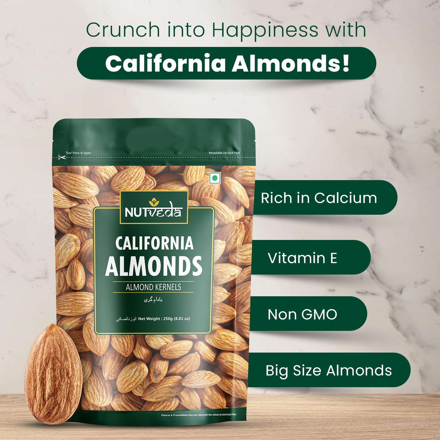 NUTVEDA California Almonds 250gm | Badam Giri | RIch Source of Vitamins & Fibre | Gluten Free | Zero Cholestrol - Image 3 thumbnail