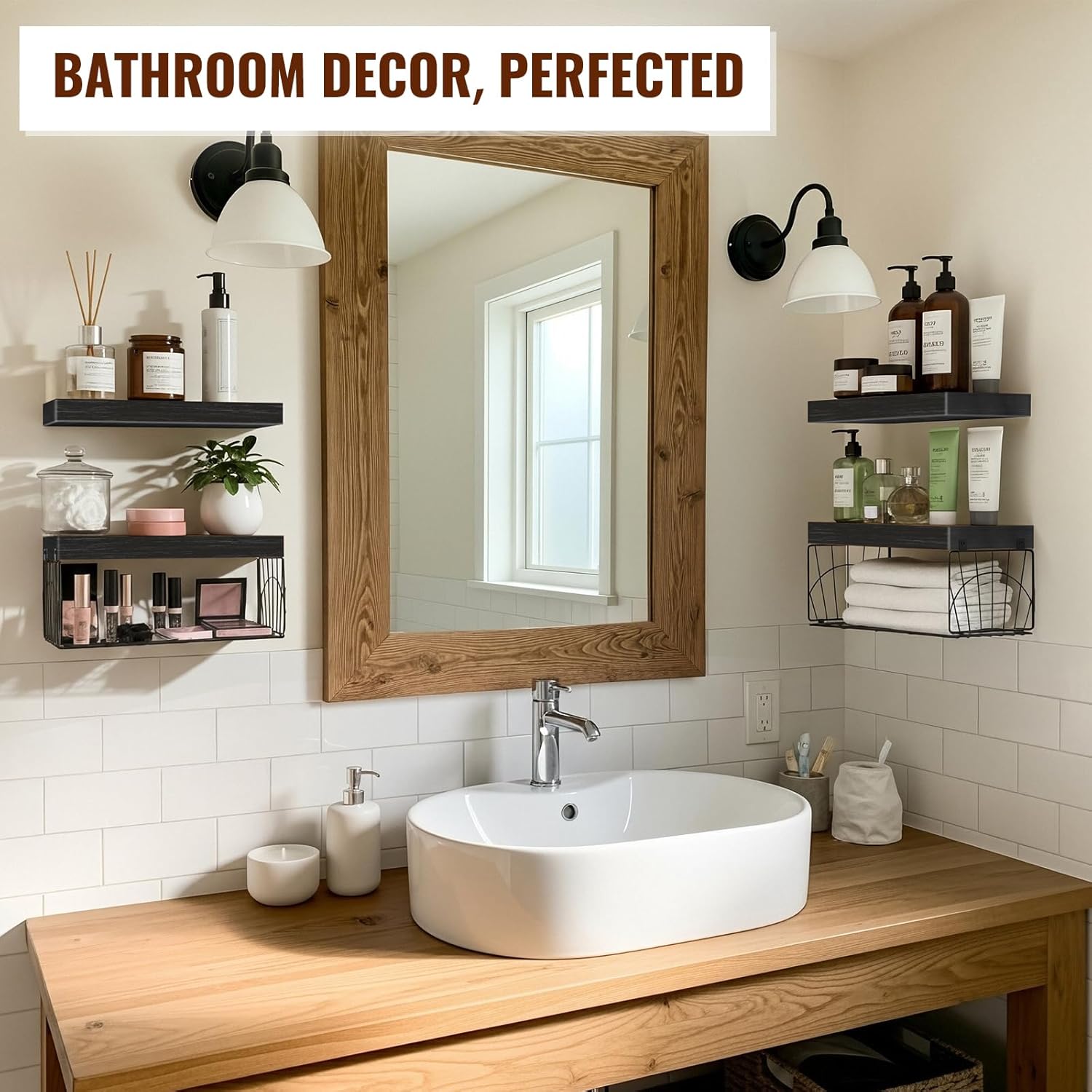4 Pack Wall Mounted Rustic Wood Floating Shelves with 2 iron Hanging Baskets, Bathroom Shelves Over Toilet, Toilet Paper Storage, Farmhouse Decor Hanging Shelf for Living Room, Kitchen, 16 inch, Black