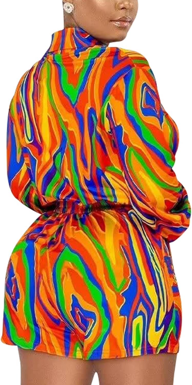 CaniBtr Women's Sexy Long Sleeve Rompers Deep V Neck Elastic Waisted Printed Shorts Jumpsuits One Piece Outfit - Image 2