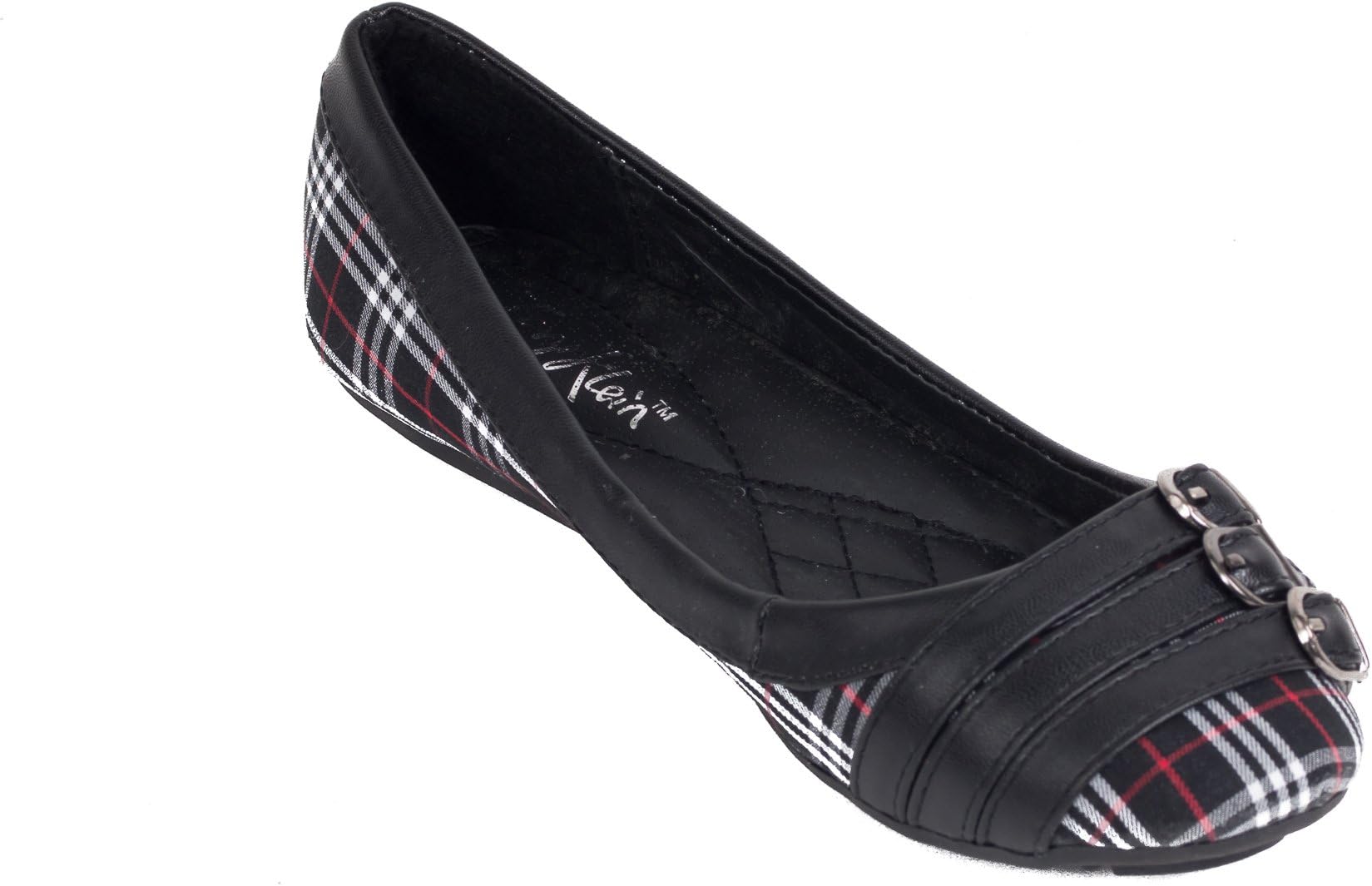 Women & Ladies Ballerina Flats Shoes Mocassin Slip-Ons Triple Buckle Checkered Canvas Design