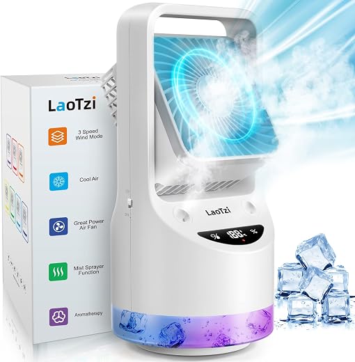 LaoTzi Rechargeable Portable Air Conditioner Fan, Evaporative Mini Air Conditioner with 3 Speeds 7 Colors, Portable Desk C