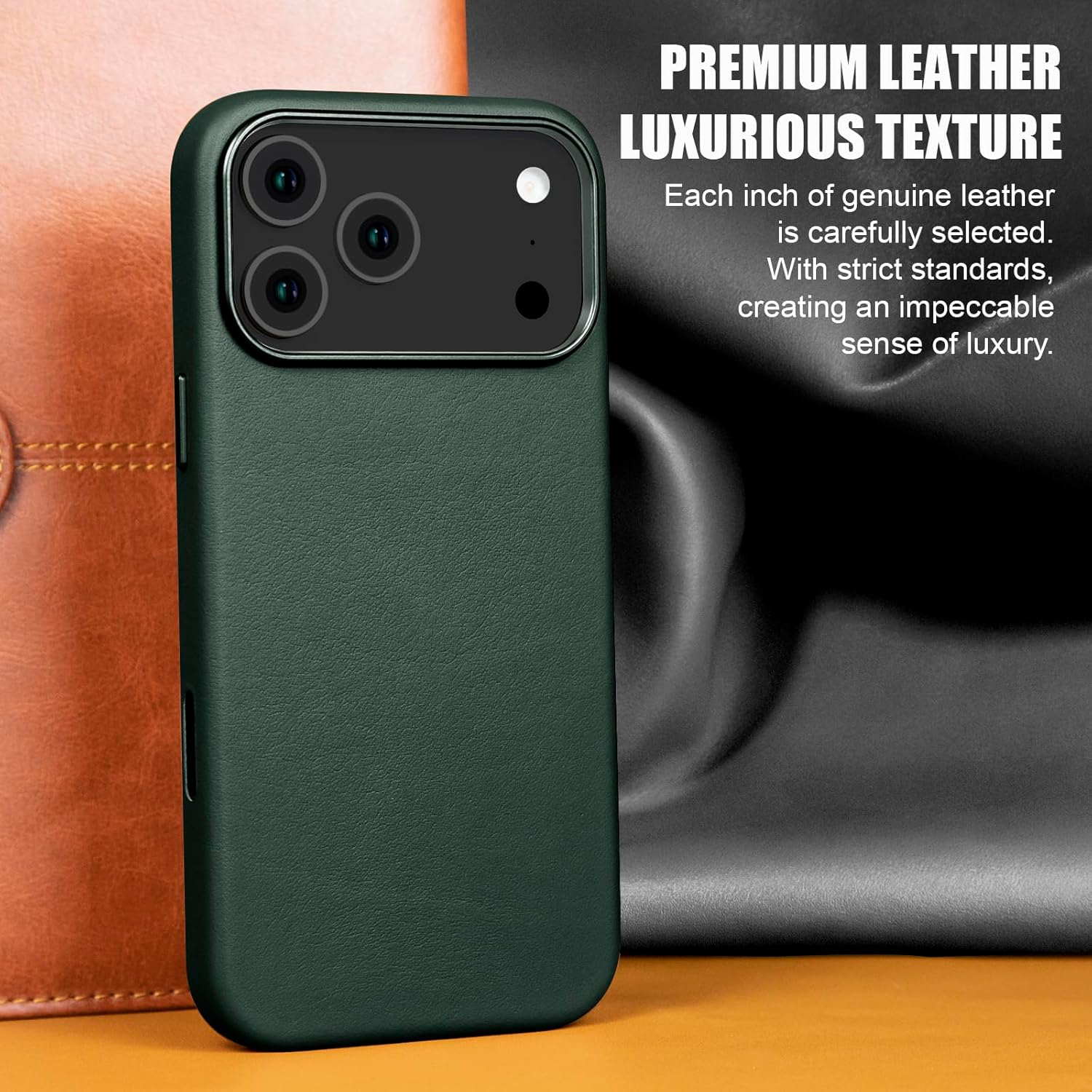 for iPhone 17 Pro Max Leather Case with Ai Camera Control Button Compatible with Magsafe, Top Grain Leather, Slim Fit Shockproof, Metal Buttons & Camera Bump Frame Protective Cover Green - Image 2