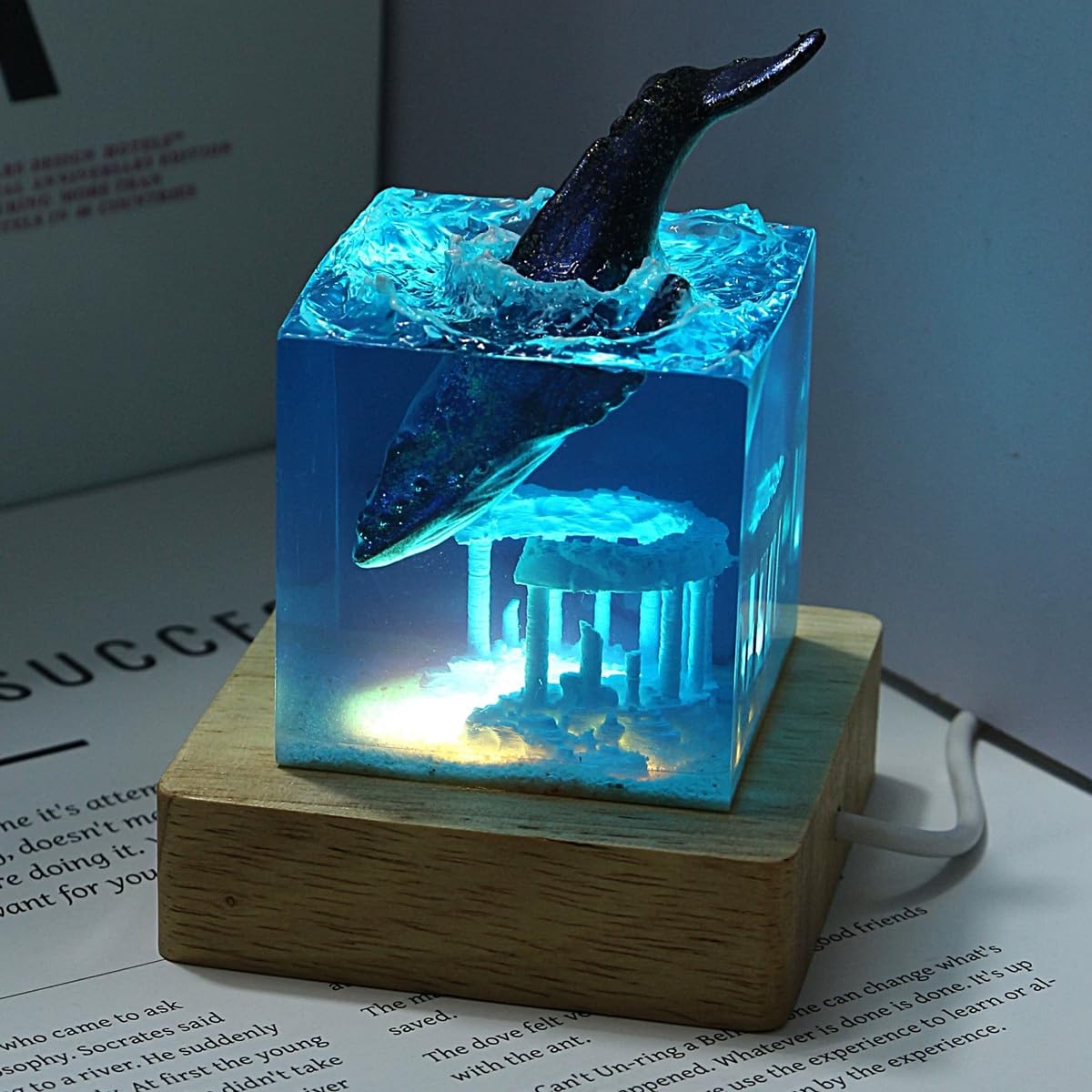 Lampada resina artigianale 3D squalo balena, luce notturna USB base legno, decorazione casa e regalo elegante