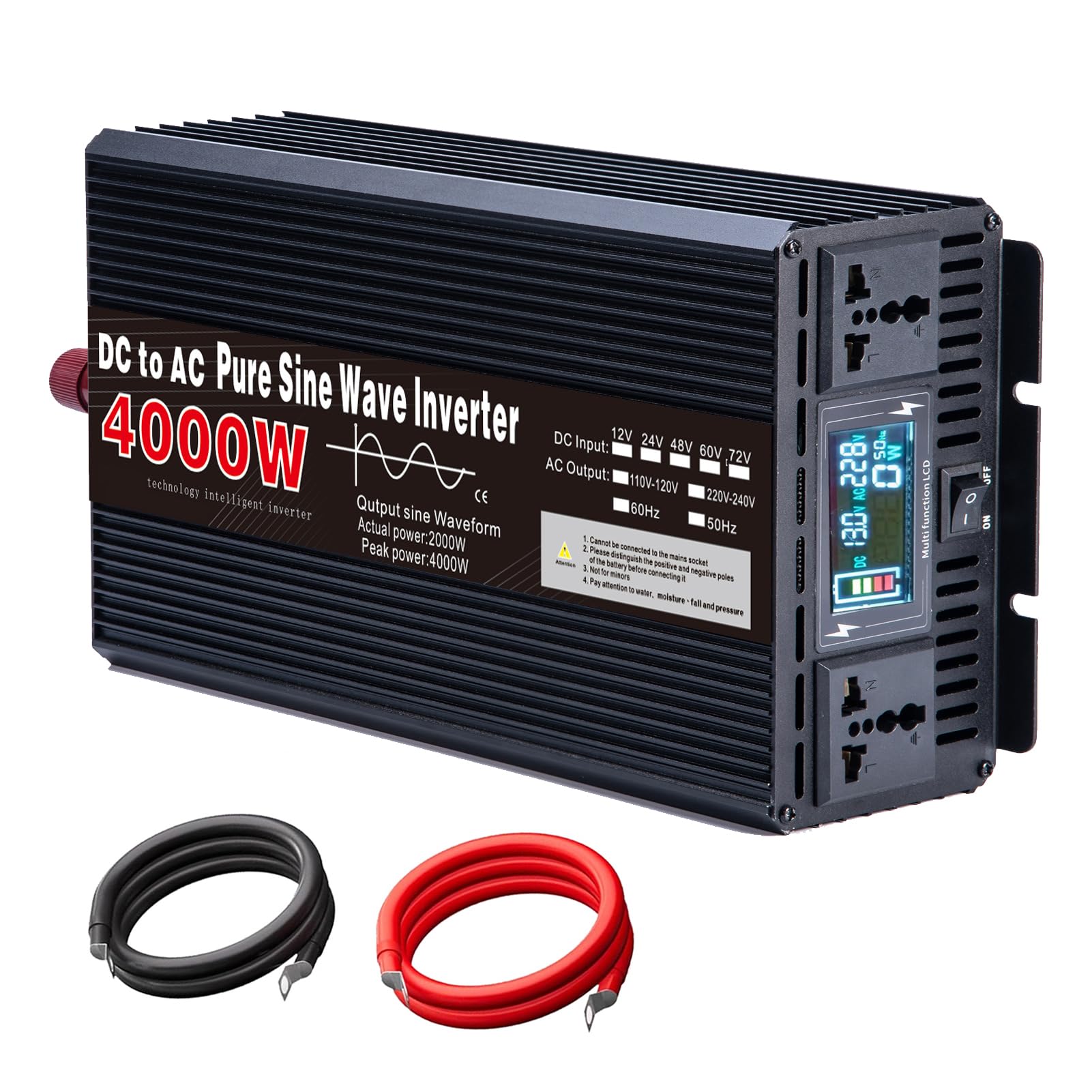 Przemysłowy Falownik Sinusoidalny o Mocy 4000W, DC 12V 24V 48V 60V 72V do 120V 230V AC, Konwerter Zasilania Samochodowego z 2 Gniazdami AC do Urządzeń Elektronicznych i Zasilania Awa(Size:12v to 110v)
