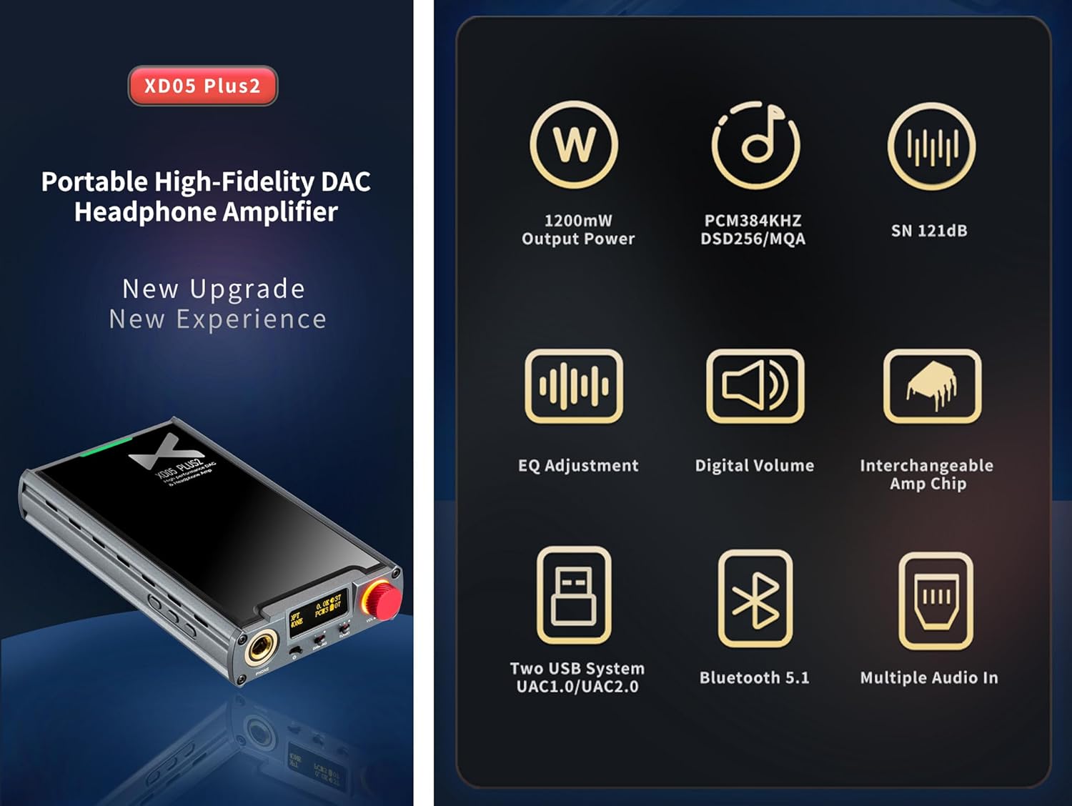 xDuoo XD05 PLUS2 Portable DAC Headphone Amp - 1200mw Out Power Bluetooth 5.1 USB Support UAC1.0/2.0 PCM384KHZ/DSD256/MQA with EQ Adjustment