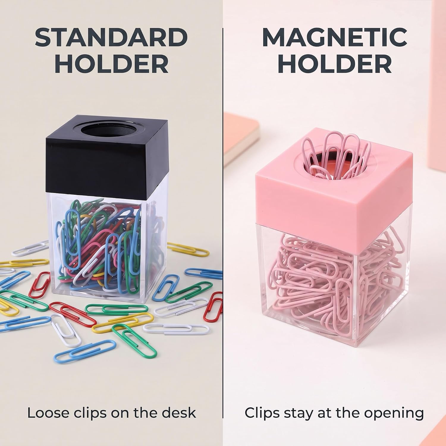 Pink Magnetic Paper Cilp Dispenser Holder Clear Acrylic Paper Clip Organizers with Magnetic Top for Desk Cute Office Binder Clip, Hair Clip,Paper Clip Holders Office and School Supplies