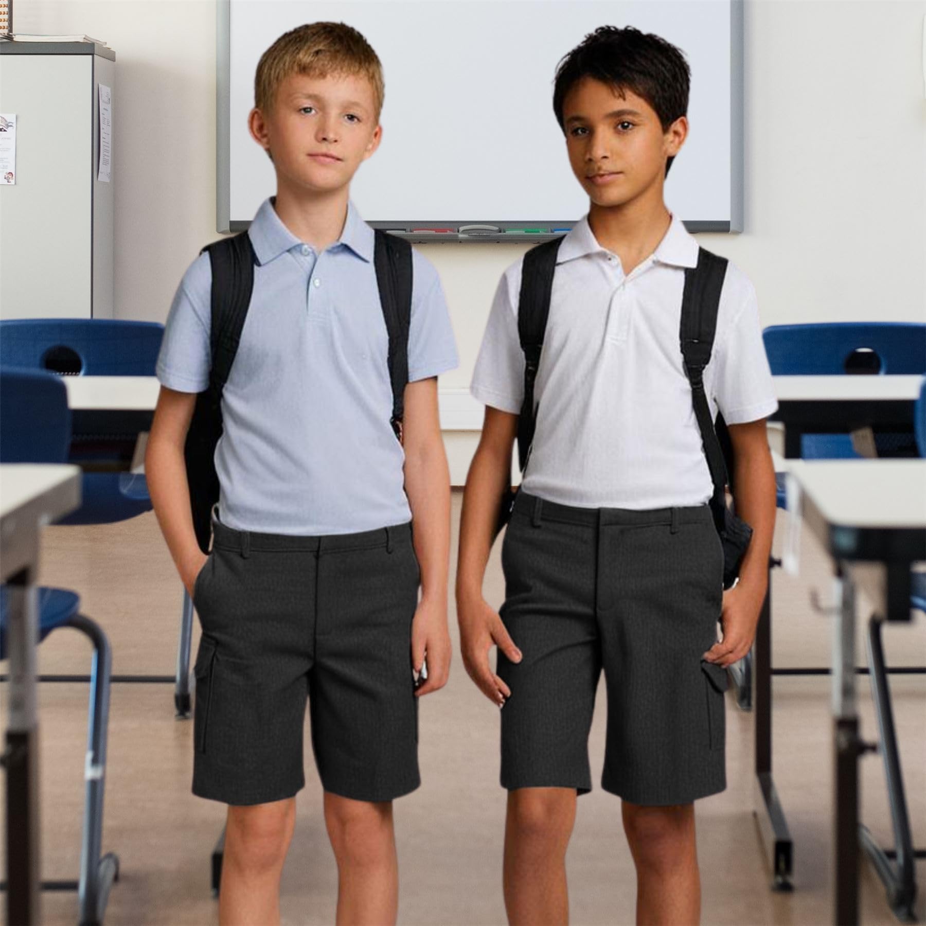 Pantaloncini cargo per ragazzi, vita regolabile, tinta unita, pantaloncini scolastici, eleganti e pratici, uniforme scolastica estiva per età 2-16 anni, nero e grigio, Nero , 11-12 Anni
