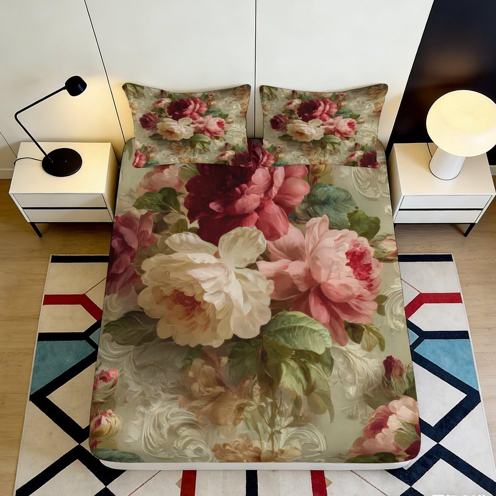 Kzqnxhjprl Style-9 3D Printed Vintage Peony Fitted Sheet Microfiber Soft Floral Art Mattress Cover Bedroom Decor For Home Guest Room 90X200x25cm