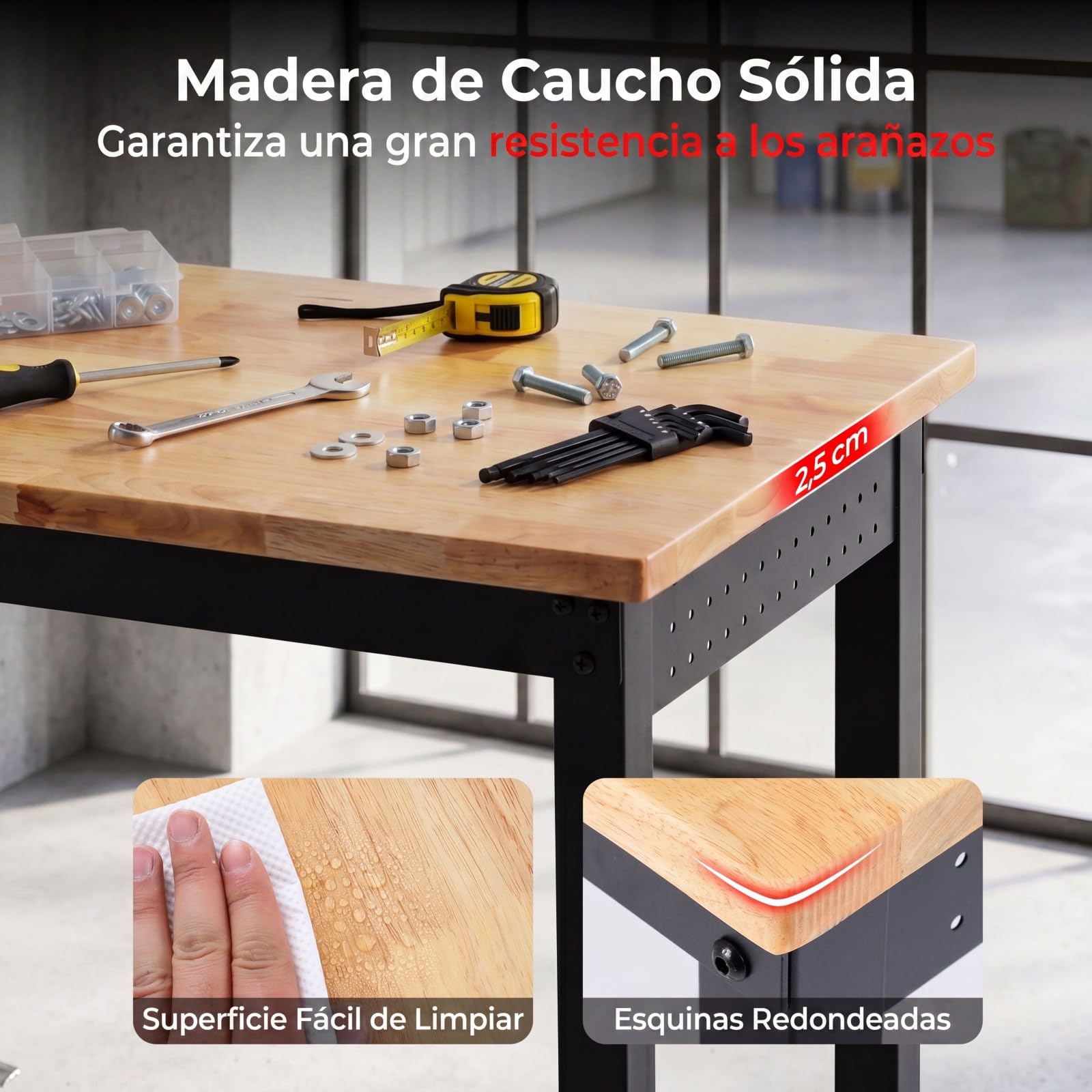 COSTWAY Banco de Trabajo con Estación de Carga, 122 x 51cm, Mesa Trabajo Taller con Altura Ajustable en 6 Niveles, Encimera de Madera Caucho, Marco Metálico, Estación Bricolaje, Carga 900 kg