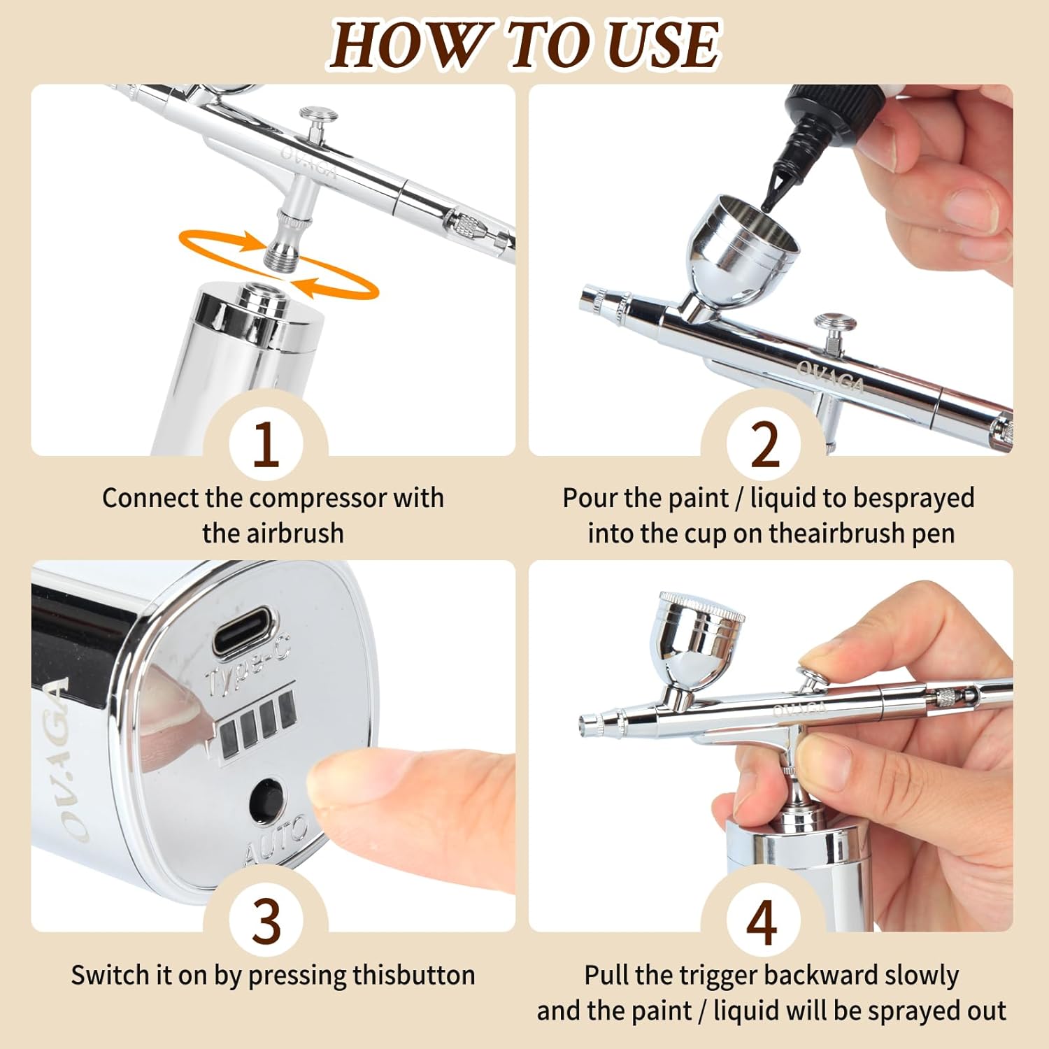 32PSI Airbrush Kit with Air Compressor, Portable Cordless Auto Airbrush Gun Kit, Rechargeable Mini Handheld Air Brush Set for Painting, Model Coloring, Makeup, Cake Decor, Silver - Image 3