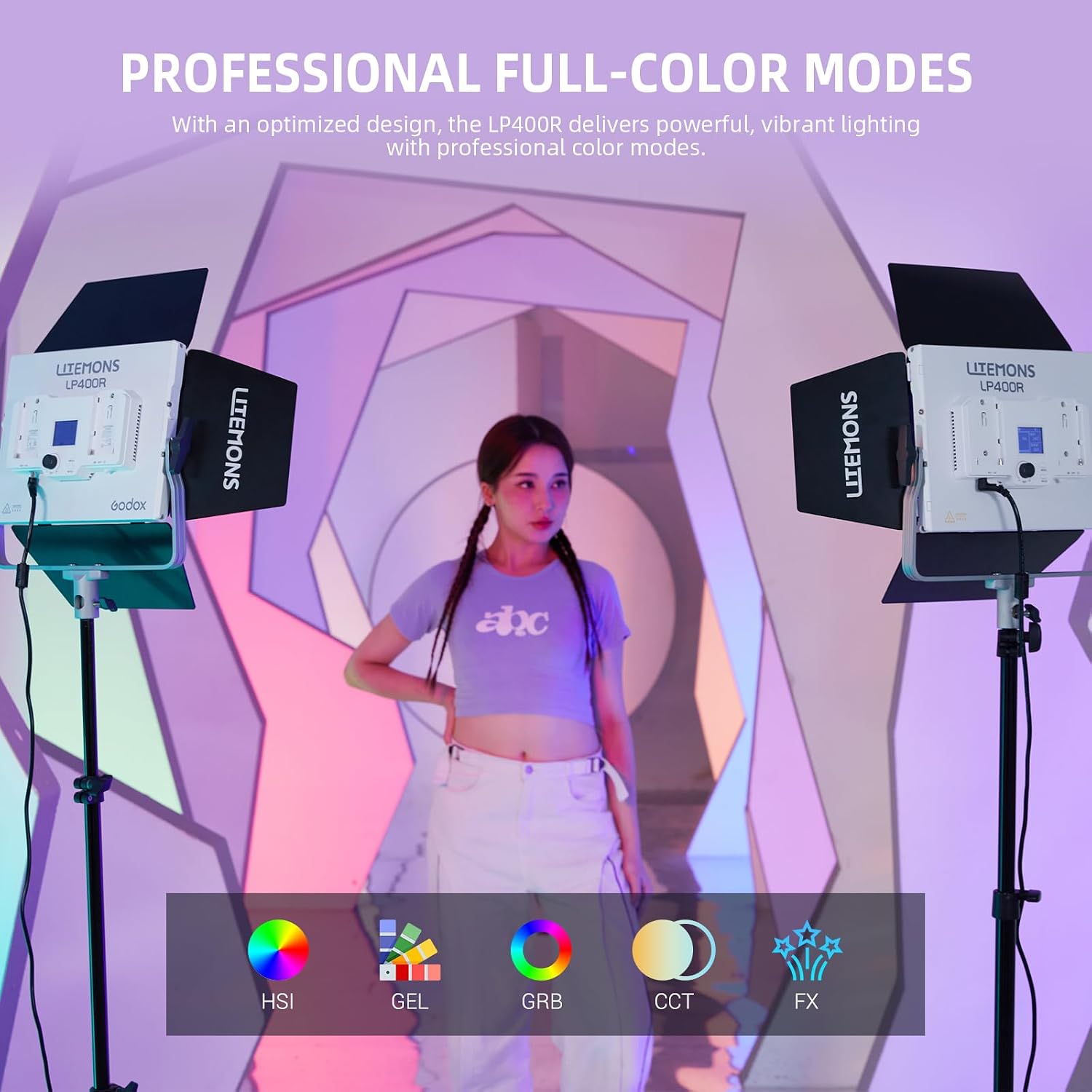 GODOX LITEMONS LP400R RGBW LED Video Light, CCT Bicolor Temperature 1800K-10000K 36W Panel Light with HSI Mode and Gel Mode, 14 FX Light Effects, Continuous Output Lighting Support APP Control