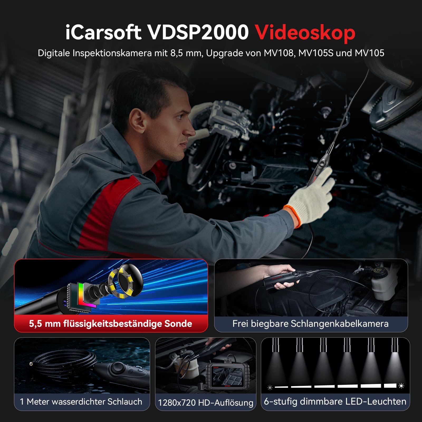 iCarsoft VDSP2000 USB Endoskopkamera, 0,21 Zoll wasserdichtes IP67 HD Endoskop, Inspektionskamera, Geeignet für die Diagnosegeräte CR MAX, CR MAX BT und CR MAX P, mit 6-Stufiger LED-Beleuchtung