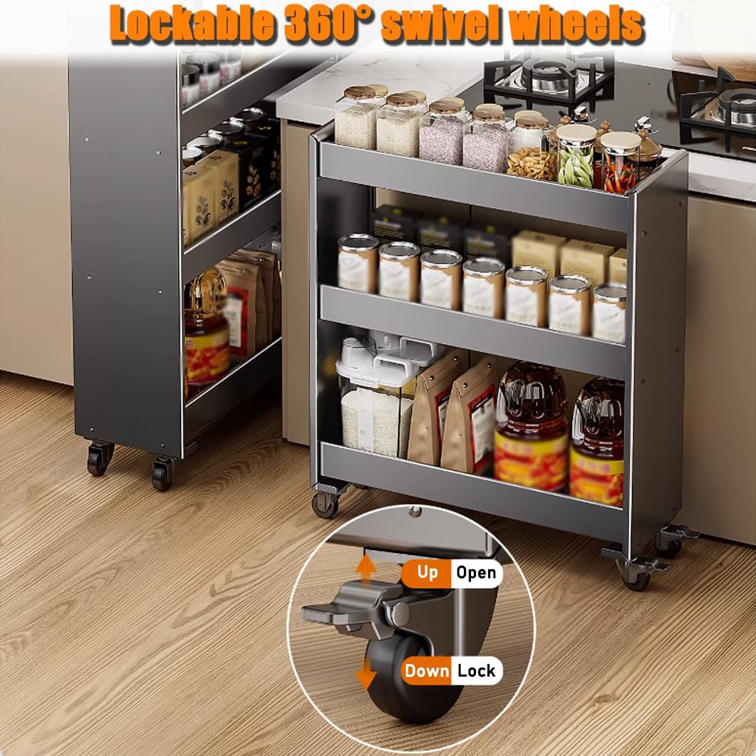 Carrello portaoggetti sottile in metallo, carrello da cucina con rotelle, armadio stretto a 3 livelli, organizer mobile da bagno per piccoli spazi