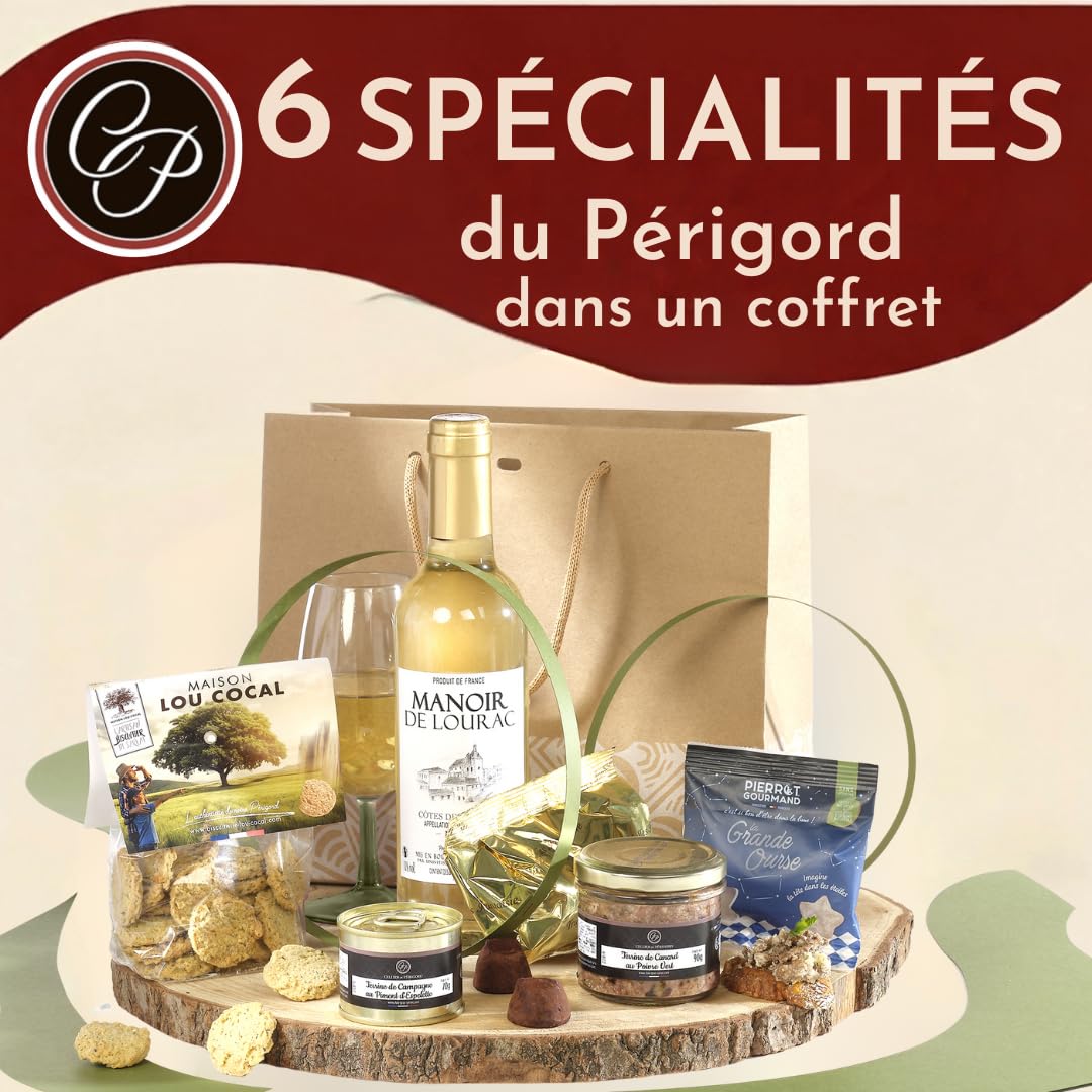Cellier du Périgord Panier Gourmand Shopping Bag - Vin Blanc | Shopping bag 7 produits : vin blanc AOP Côtes de Bergerac 37,5cl, terrines poivre vert et piment, sablés et truffes cacao